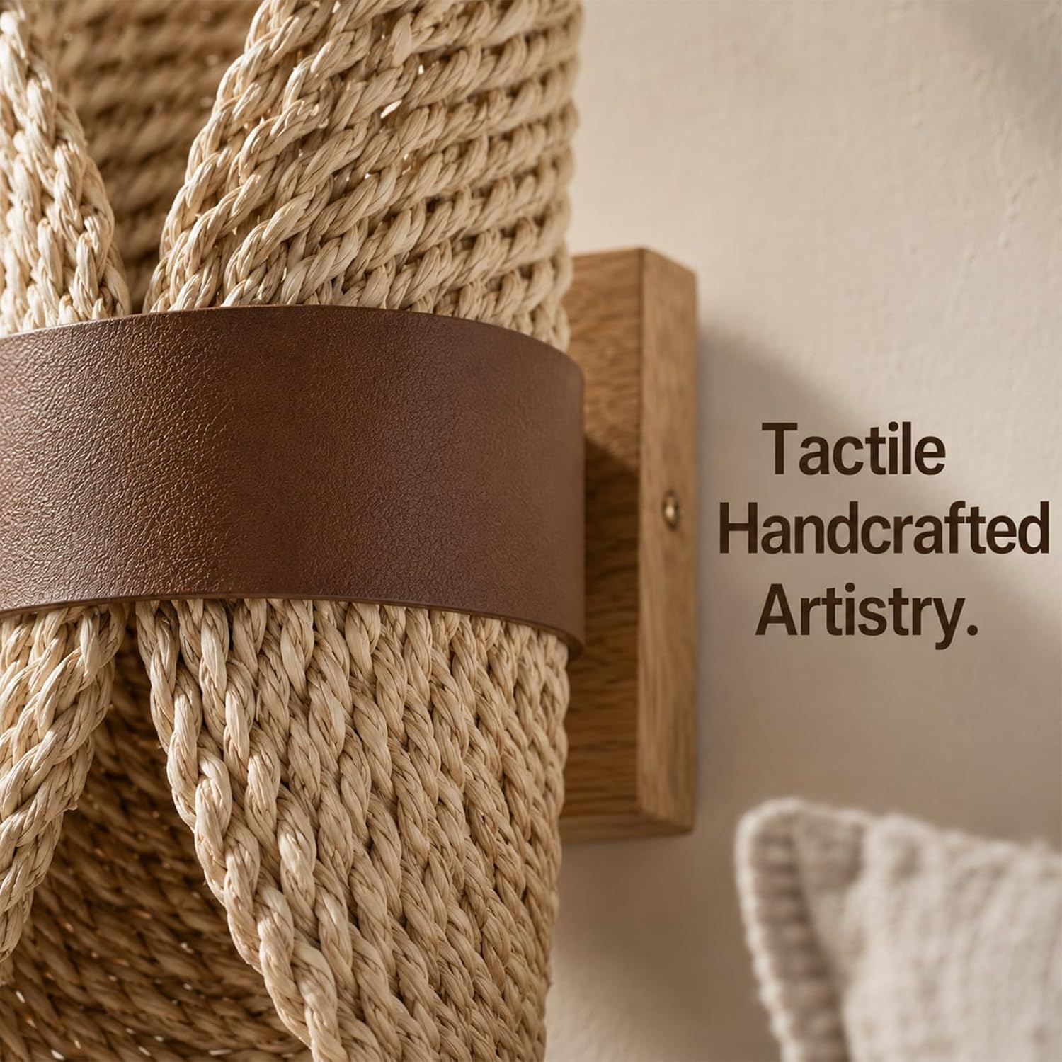 Boho Rattan Wall Sconces with Brown Leather Strap,Handmade Woven Wall Lamp with Wood Grain Base＆G9 Bulb, Rustic Hardwired Wall Lights for Living Room Bedside Hallway