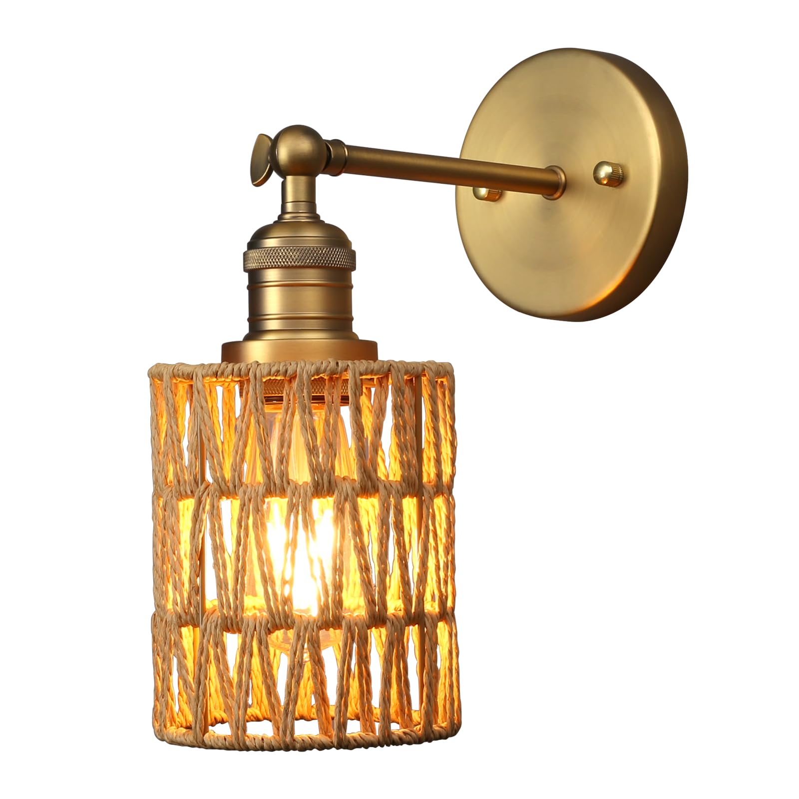 Yosoan Rattan Boho Wrapped Wall Sconce Light, Indoor Hardwired Hand-Woven Farmhouse Vintage Wall Lamps, Brass Handmade Braided Rope Small Straight Shade Wall Mount Fixture for Reading Hallway(Black)
