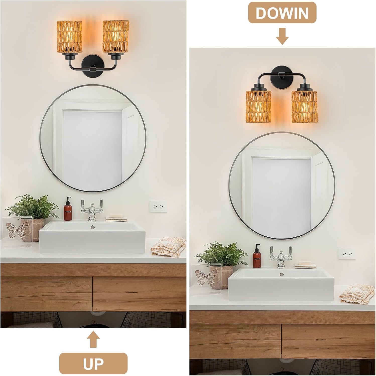 Boho Bathroom Light Fixtures, Rustic 2-Light Vanity Lights Over Mirror, Farmhouse Rattan Vanity Lighting with Hand-Woven Shades for Bedroom Bathroom Hallway Restroom