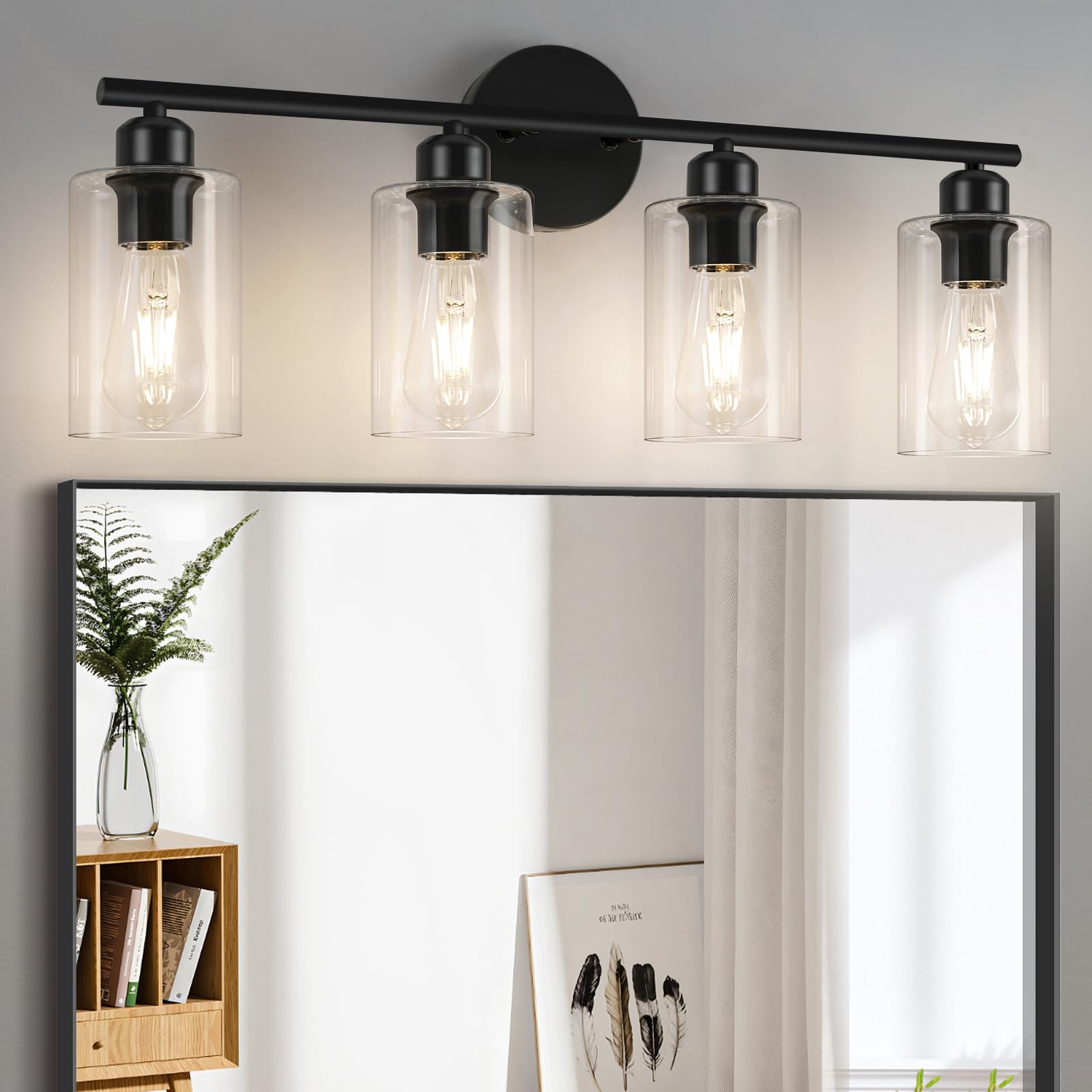Modern Vanity Lights - Matte Black, Clear Glass Shade, Wall Sconce for Bathroom & Bedroom, 2 Pack