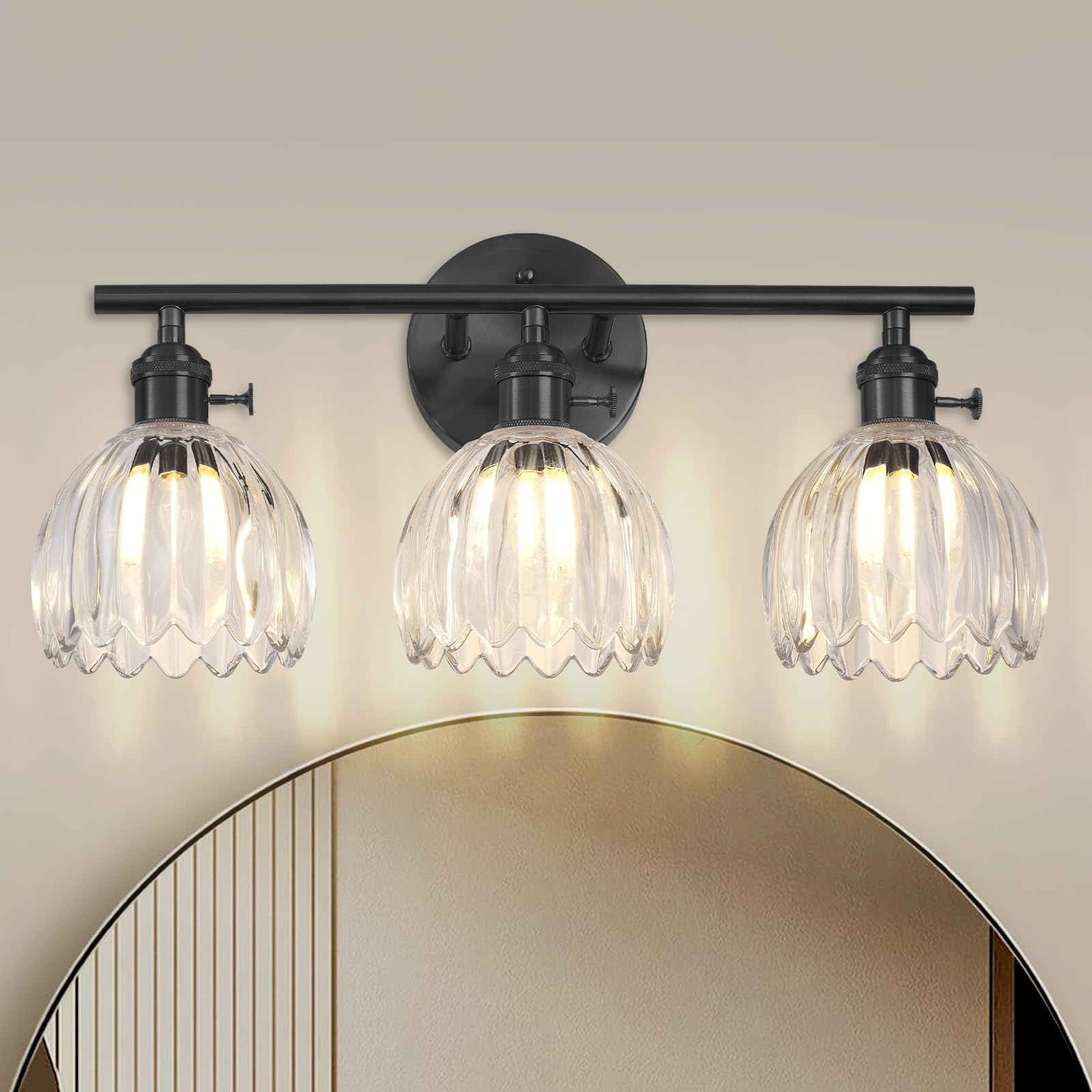 Matte Black 2 Light Bathroom Vanity Light,14.9in Modern Bathroom Lighting Fixtures Over Mirror with Clear Crystal Glass Shade,Vintage Vanity Lights for Bathroom Living Room Bedroom（not include bulbs)