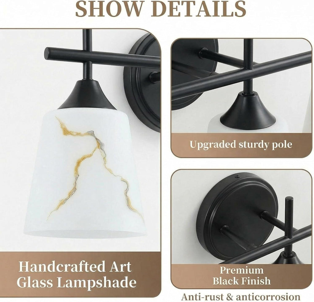 3-Light Black Mid Century Bathroom Light Fixture, Modern Vanity Light with White Marble Glass Shade, for Bathroom Mirror, Living Room, Bedroom, Hallway, E26 Base