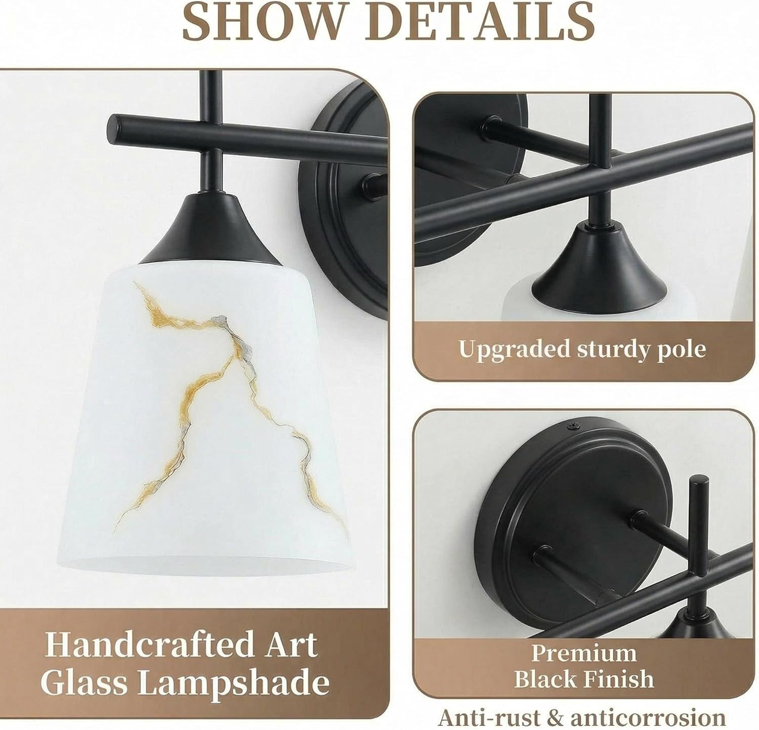 3-Light Black Mid Century Bathroom Light Fixture, Modern Vanity Light with White Marble Glass Shade, for Bathroom Mirror, Living Room, Bedroom, Hallway, E26 Base