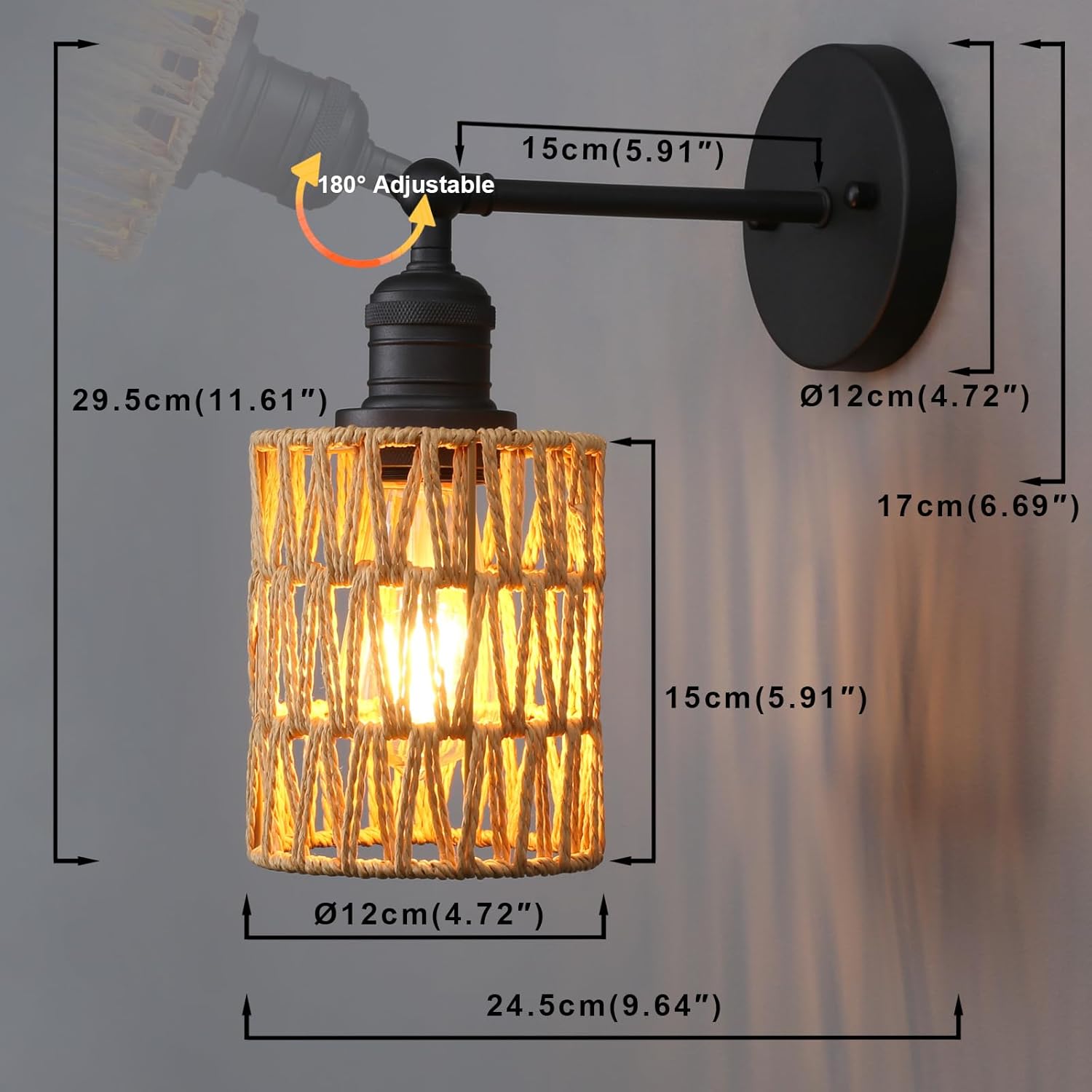 Yosoan Rattan Boho Wrapped Wall Sconce Light, Indoor Hardwired Hand-Woven Farmhouse Vintage Wall Lamps, Brass Handmade Braided Rope Small Straight Shade Wall Mount Fixture for Reading Hallway(Black)