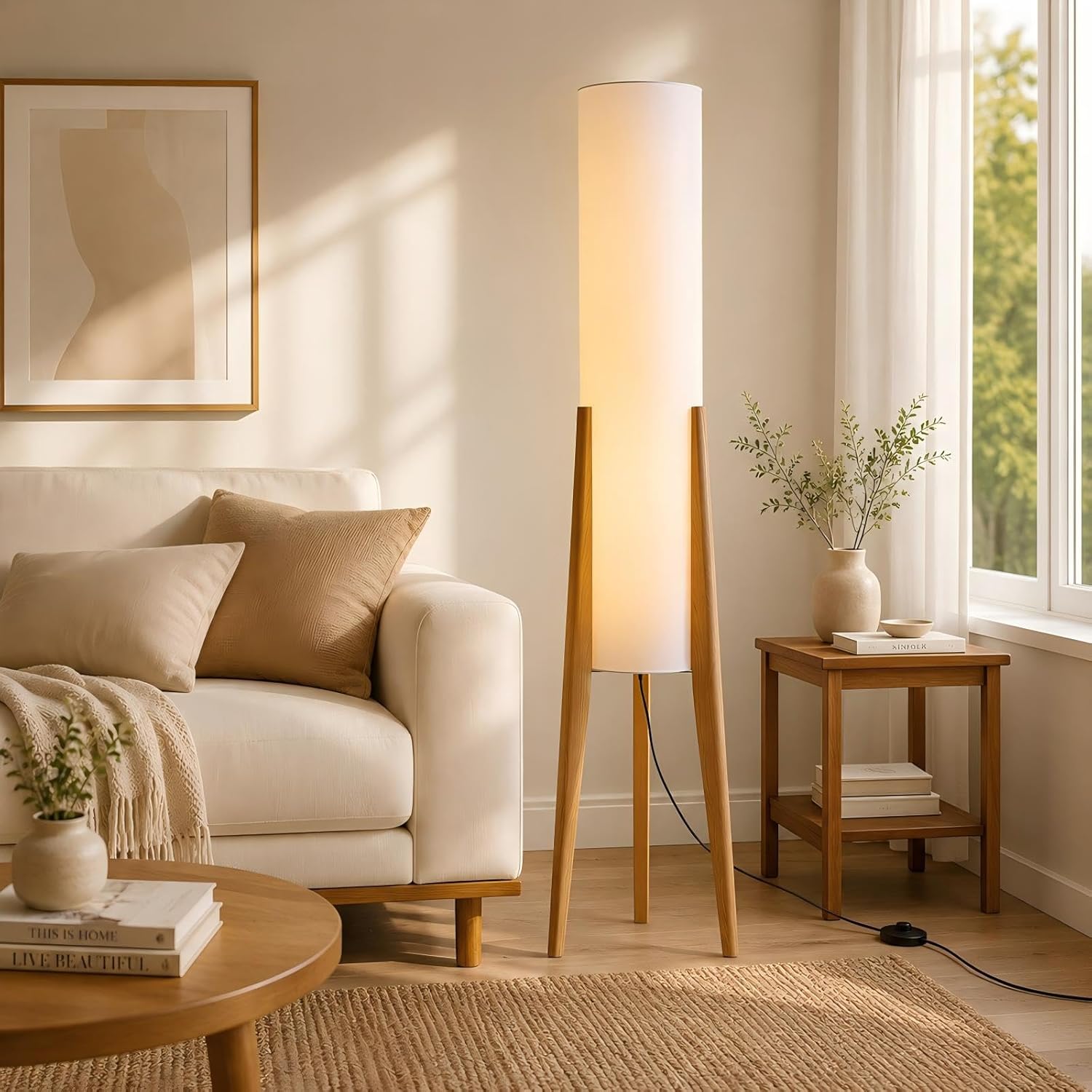 50 Nordic Wood Floor Lamp, 3 Color Light with Fabric Shade for Living Room Bedroom