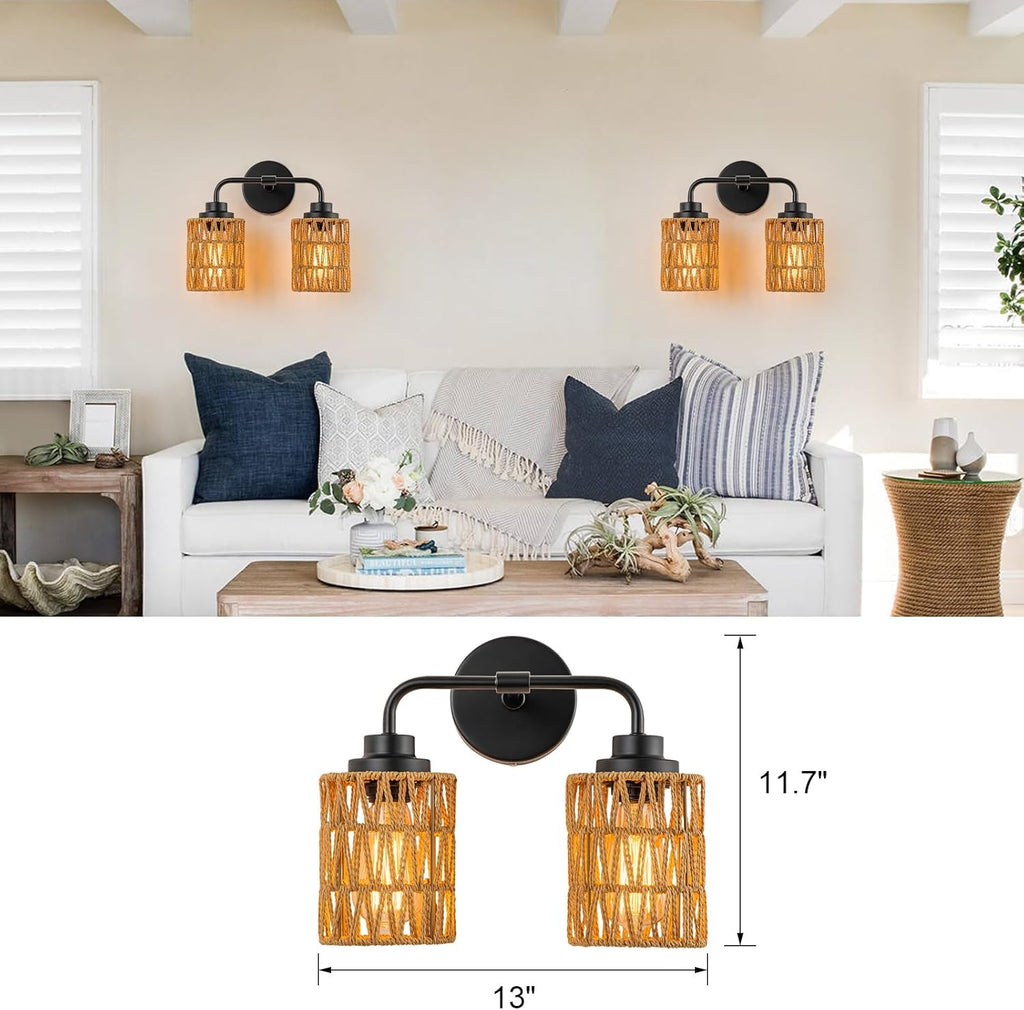 Boho Bathroom Light Fixtures, Rustic 2-Light Vanity Lights Over Mirror, Farmhouse Rattan Vanity Lighting with Hand-Woven Shades for Bedroom Bathroom Hallway Restroom