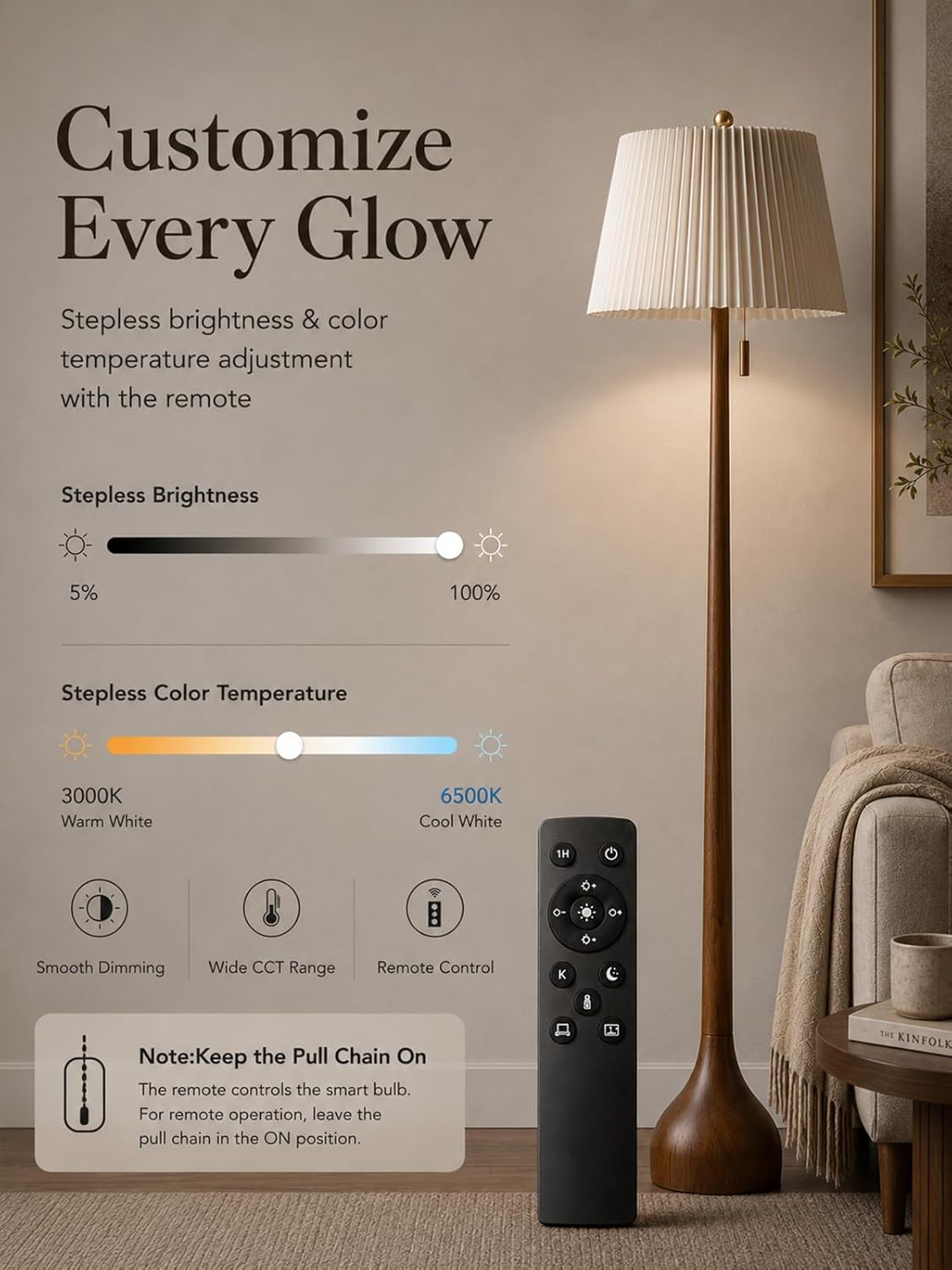 MOFFE 65" Mid Century Real Wood Floor Lamp with Remote, Sculptural Standing Lamp with Teardrop Base & Wooden Pull Chain, Dimmable with Adjustable Color Temperature & Timer (Bulb Included)