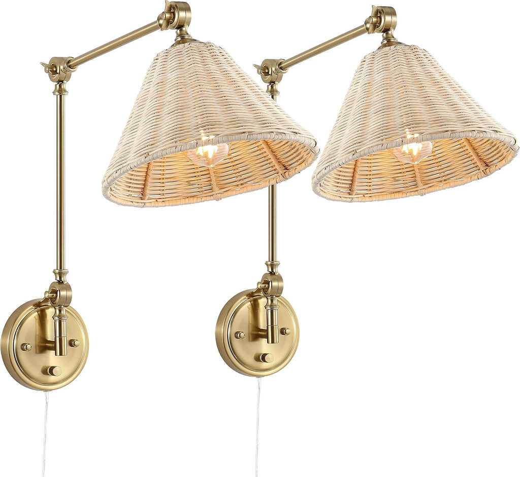 WINGBO Wall Sconce Rattan Wrapped Wall Lamp, Large Lampshade, Adjustable Swing Arm Wall Light Gold Vintage Bedside Light Fixture Wicker Handmade Shade Brass Reading Light Plug in or Hardwire (2 Pack)