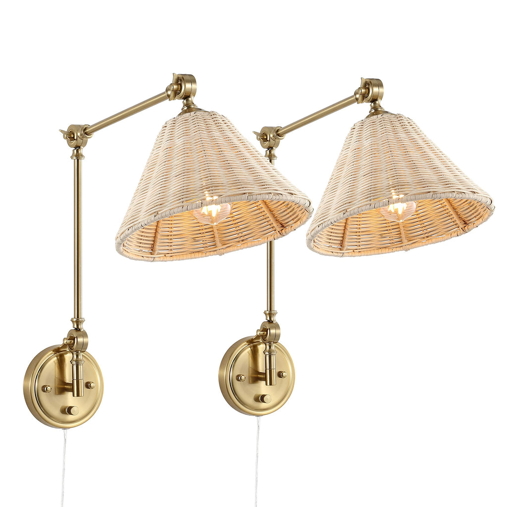 WINGBO Wall Sconce Rattan Wrapped Wall Lamp, Large Lampshade, Adjustable Swing Arm Wall Light Gold Vintage Bedside Light Fixture Wicker Handmade Shade Brass Reading Light Plug in or Hardwire (2 Pack)