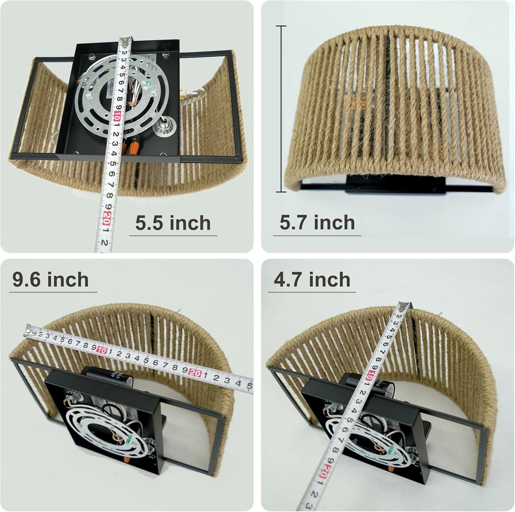 Rattan Wall Sconce Boho Wall Light Fixture Hand Woven Hemp Rope Sconce Lighting for Bedroom, Living Room, Aisle, Porch, Dia 9.7 Inch