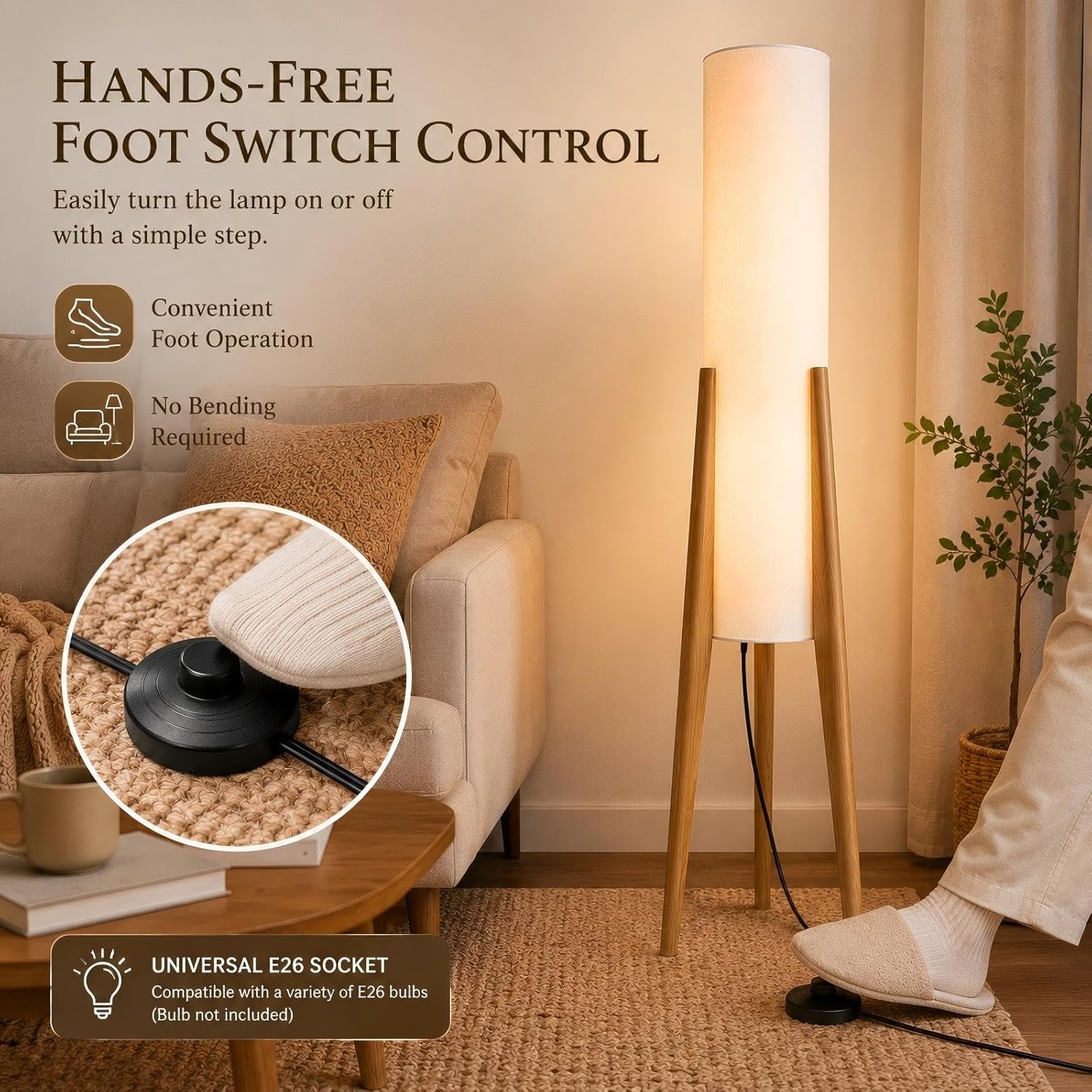 50 Nordic Wood Floor Lamp, 3 Color Light with Fabric Shade for Living Room Bedroom