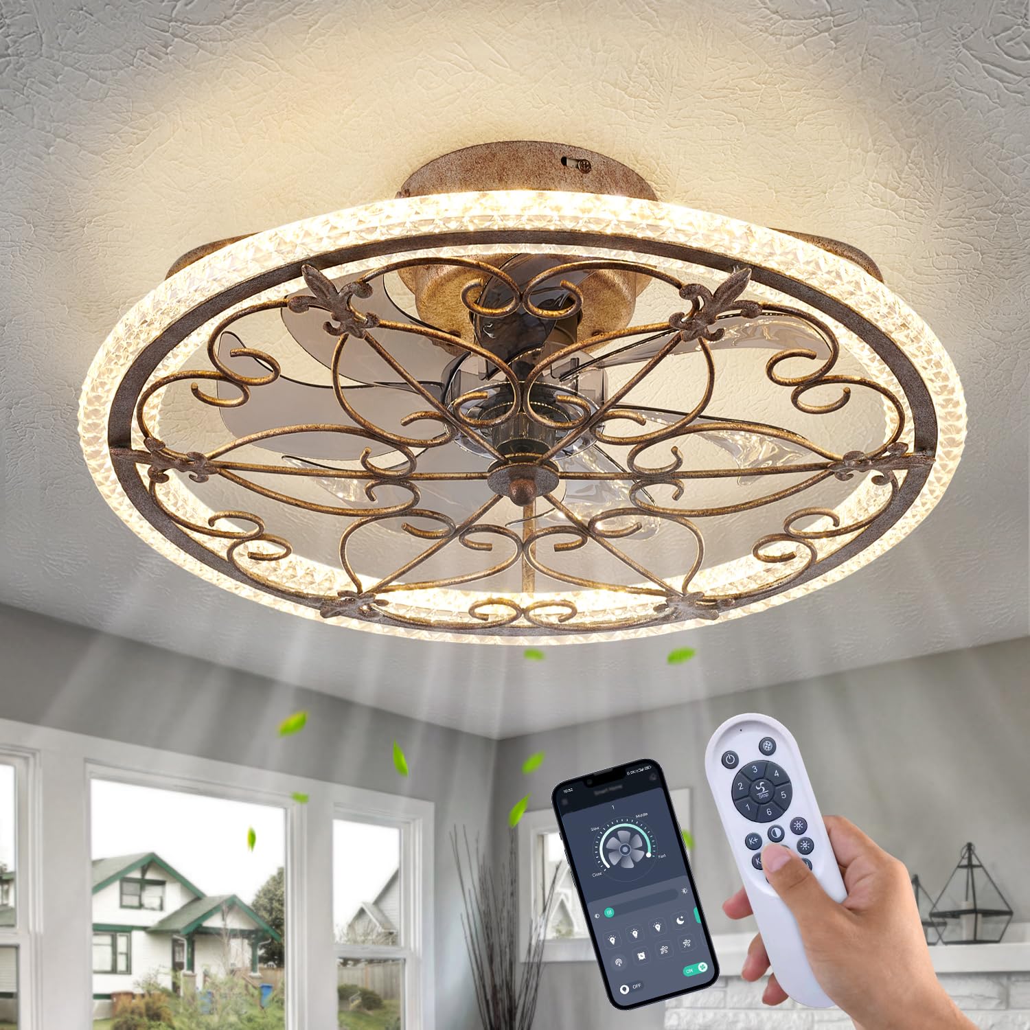Caged Ceiling Fan with Lights Remote Control, 6 Speeds 3 Color Farmhouse Industrial Ceiling Fan with Light for Kitchen Bedroom Living Room