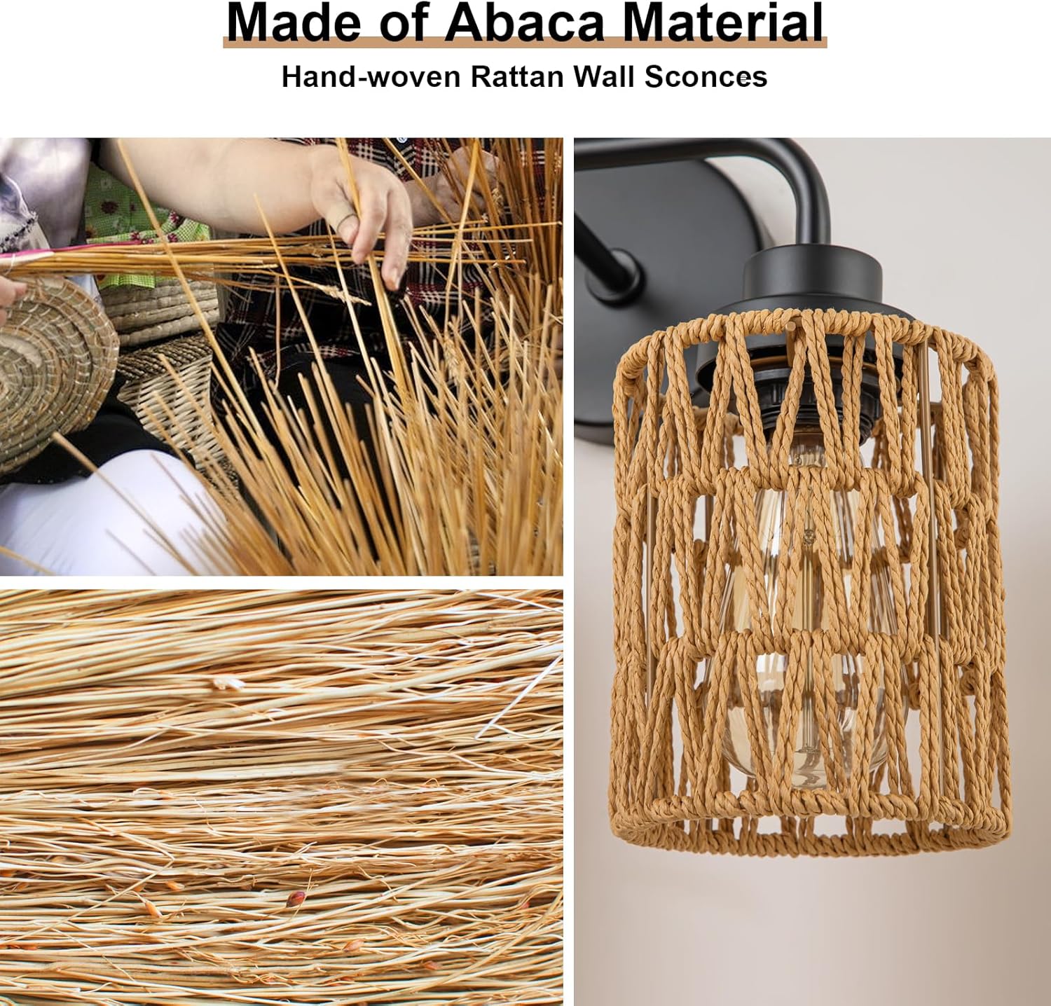 Boho Bathroom Light Fixtures, Rustic 2-Light Vanity Lights Over Mirror, Farmhouse Rattan Vanity Lighting with Hand-Woven Shades for Bedroom Bathroom Hallway Restroom