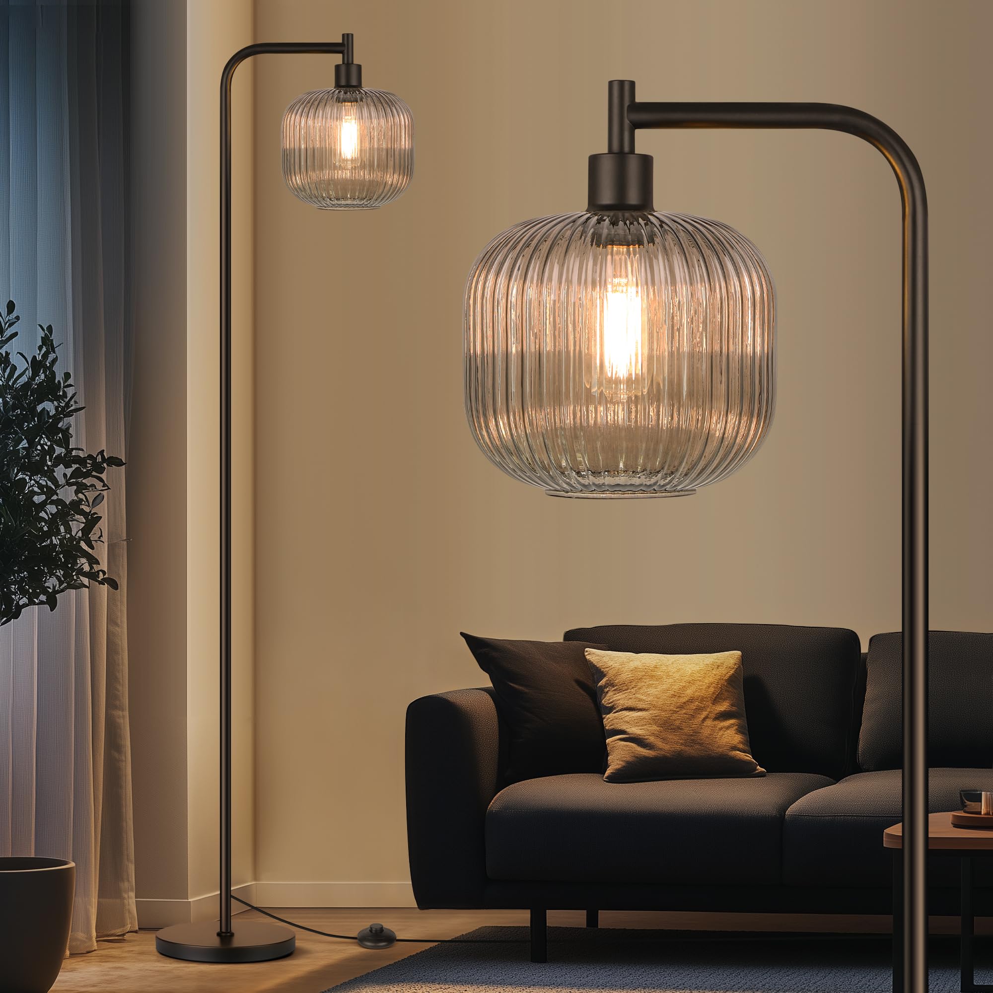 QiMH Glass Floor Lamp for Living Room, 67” Modern Standing Lamp with Cream Ribbed Glass Lampshade Pedal Switch Tall Lamp for Bedroom, Brushed Gold (2700K LED Bulb Included)