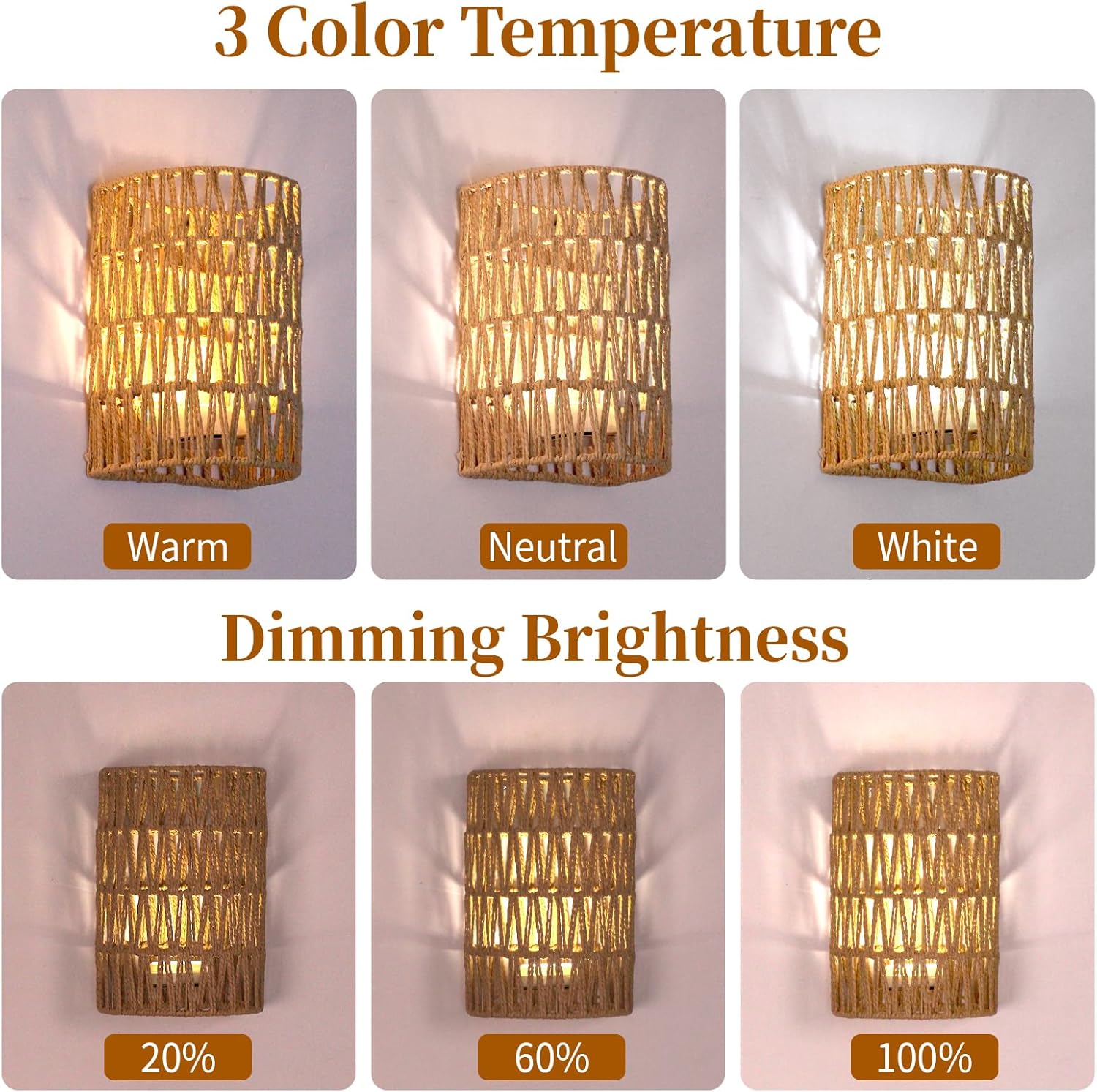 FINCMY Boho Wall Decor Rechargeable Wall Sconce, 18 RGB Colors Dimmable Wireless Wall Lights Battery Operated Wall Sconce for Bedroom Living Room Hallway, Natural Hemp Rope Boho Decor