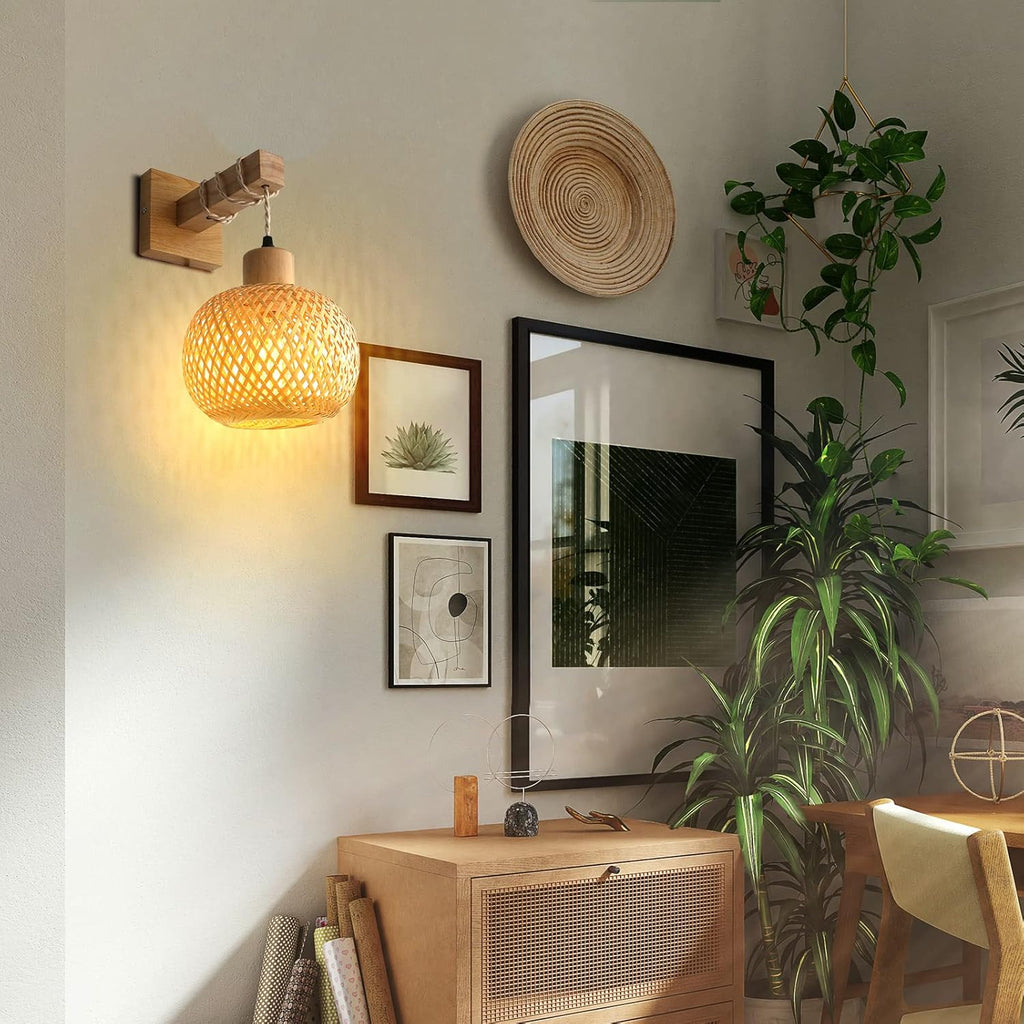 Frideko Bamboo Wall Sconce Lighting - Rattan Wall Lamps for Bedroom, Farmhouse Wall Light with Bamboo Lampshade, Rustic Boho Sconces Light Fixture for Living Room, 1 Pack