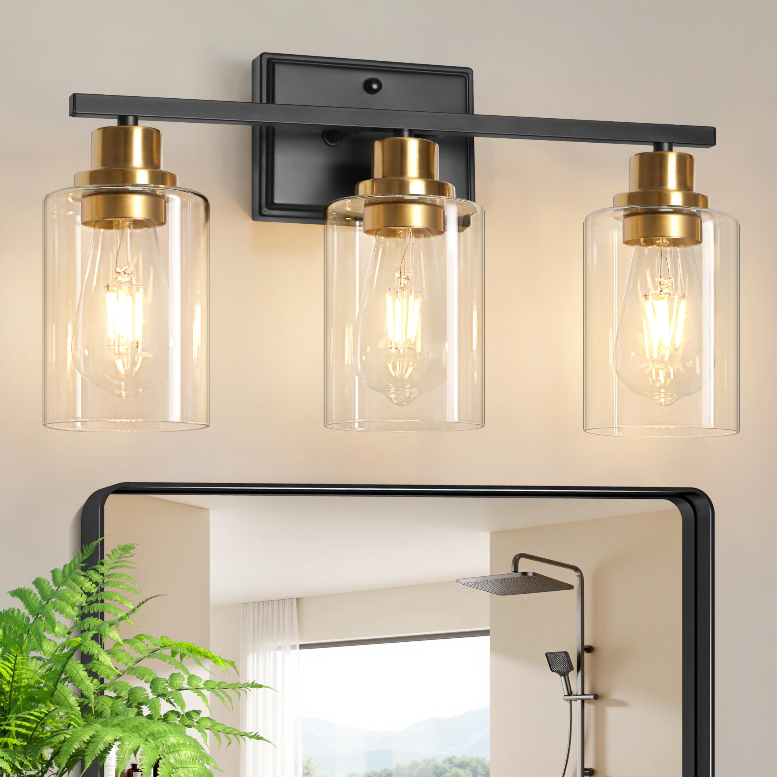 Unicozin 3 Light Bathroom Light Fixtures, Modern Vanity Lights Over Mirror, Black Wall Lamp with Clear Glass for Living Room Cabinet Bedroom Porch