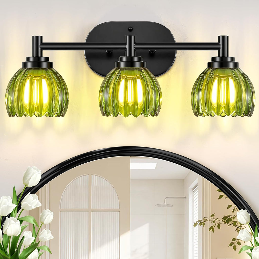 Bathroom Vanity Light, 3-Light Vanity Lighting Fixtures with Green Tulip Glass Shade, Modern Bathroom Wall Mount Lamp, Black Vanity Lights Over Mirror for Living Room, Hallway, Cabinet, Porch