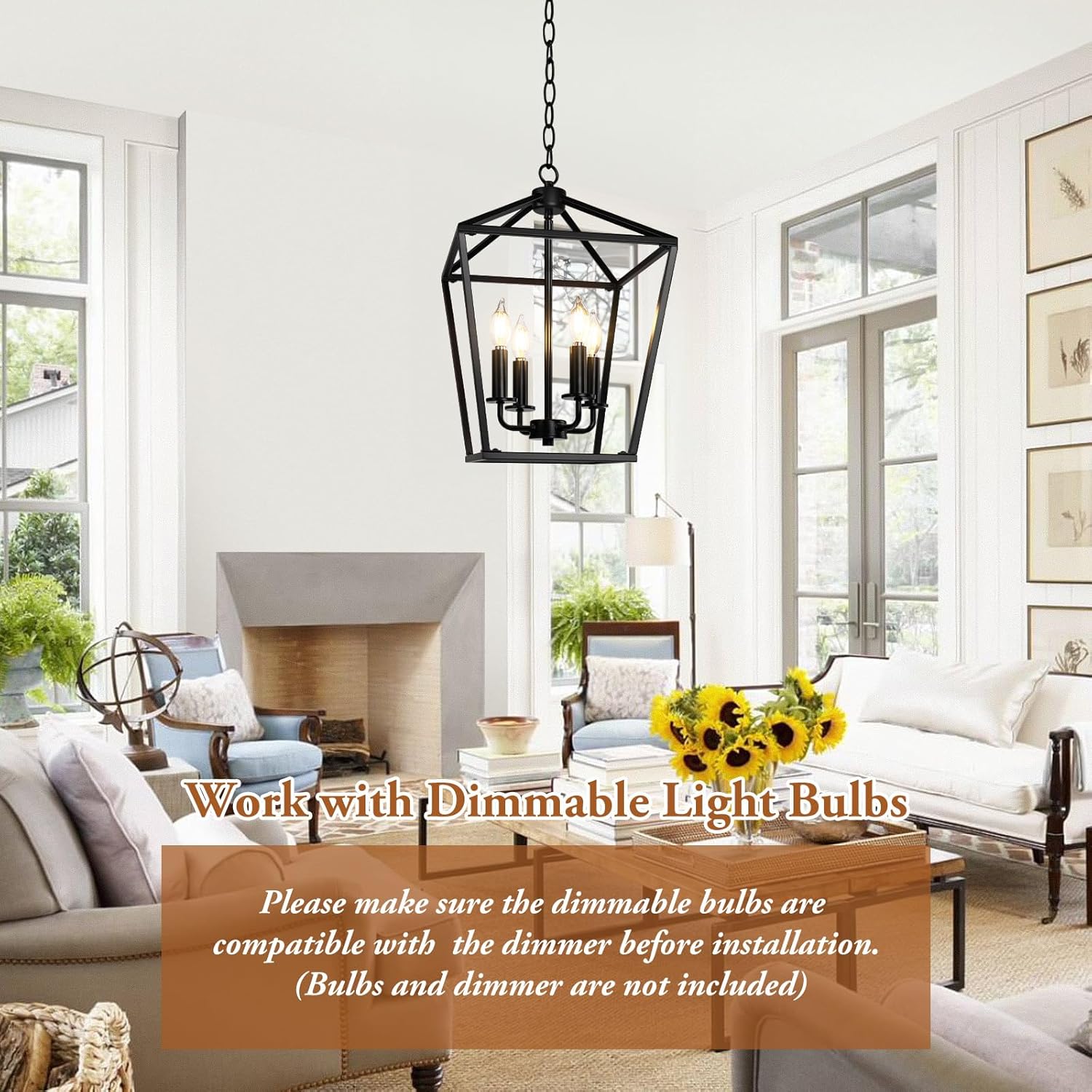 BrightHome Farmhouse Chandelier 4-Light, Black Pendant Light Fixture for Kitchen Island Dining Room, Lantern Industrial Lighting Ceiling Hanging with Metal Cage Adjustable Height for Entryway Foyer