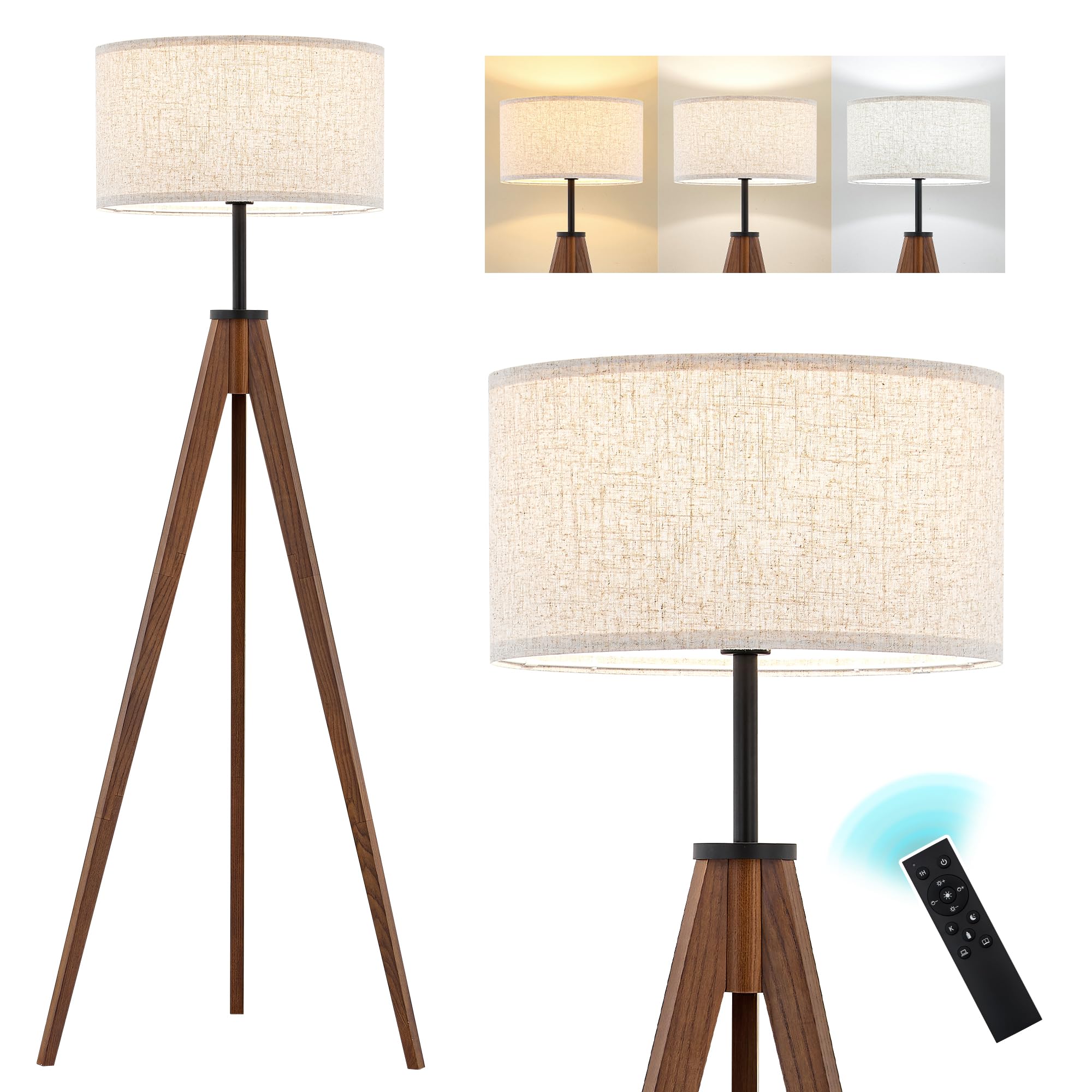ELYONA Nordic Wood Tripod Floor Lamp, Modern Reading Standing Lamp for Living Room 3 Color Temperatures LED Bulb Included Flaxen Lamp Shade, Boho Natural Wooden floor lamp for Bedroom Office Kids Room