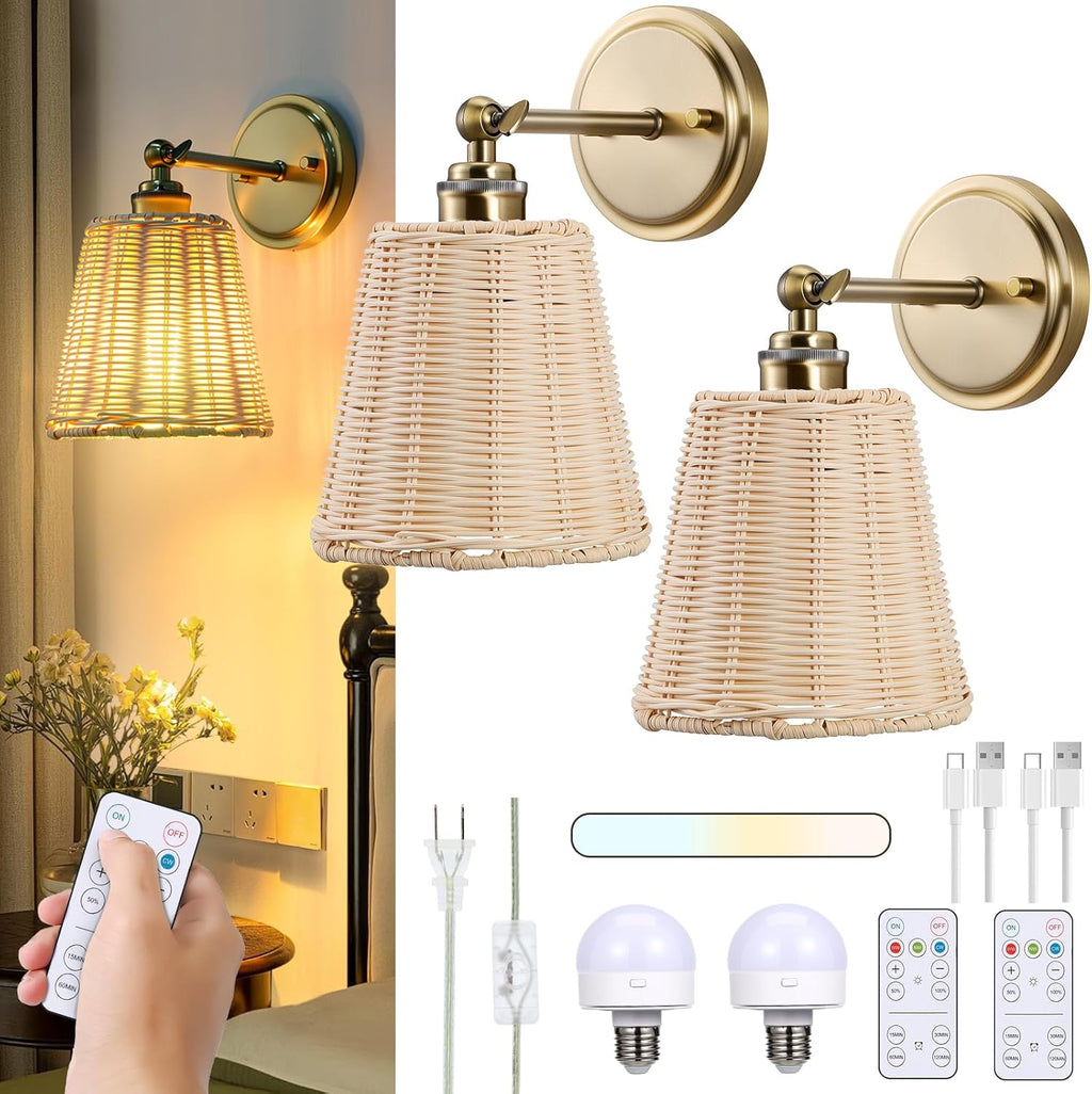 Rattan Battery Operated Wall Sconce Set of Two, Hand-Woven Wicker Lampshade, Rechargeable Wall Lights for Bedroom with Remote, Dimmable Bulb Plug-in or Hardwire Wall Sconces for Hallway Living Room