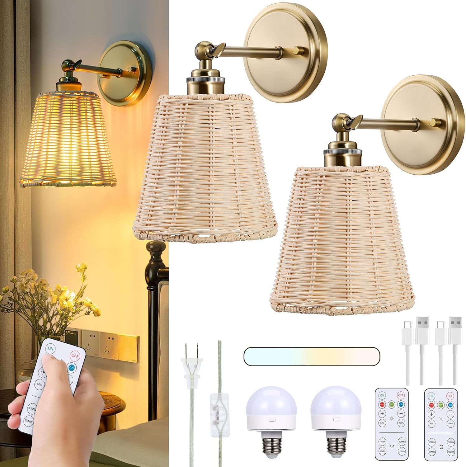 Rattan Battery Operated Wall Sconce Set of Two, Hand-Woven Wicker Lampshade, Rechargeable Wall Lights for Bedroom with Remote, Dimmable Bulb Plug-in or Hardwire Wall Sconces for Hallway Living Room