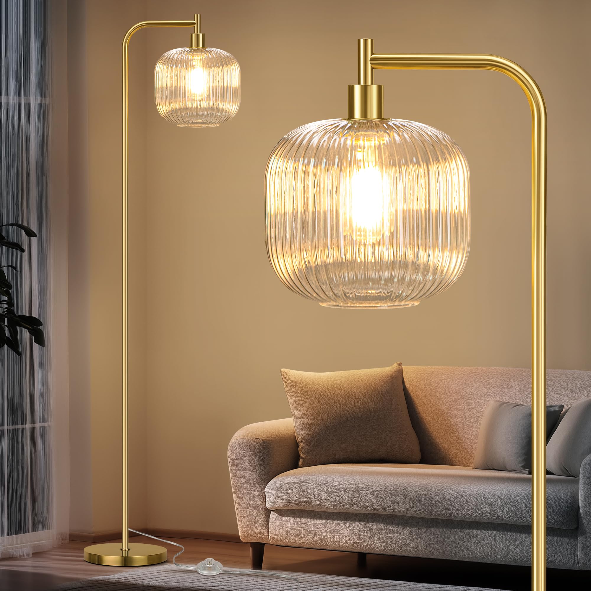 QiMH Glass Floor Lamp for Living Room, 67” Modern Standing Lamp with Cream Ribbed Glass Lampshade Pedal Switch Tall Lamp for Bedroom, Brushed Gold (2700K LED Bulb Included)