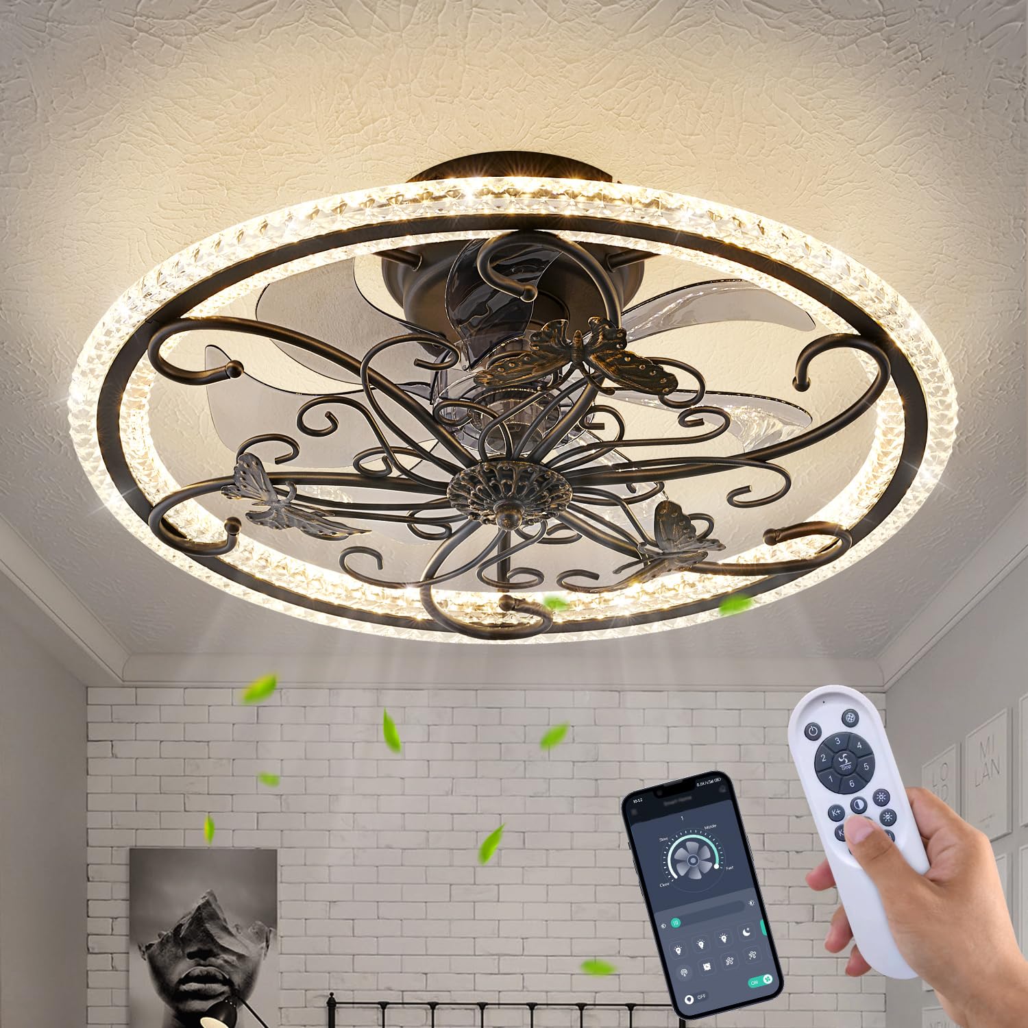 Caged Ceiling Fan with Lights Remote Control, 6 Speeds 3 Color Farmhouse Industrial Ceiling Fan with Light for Kitchen Bedroom Living Room