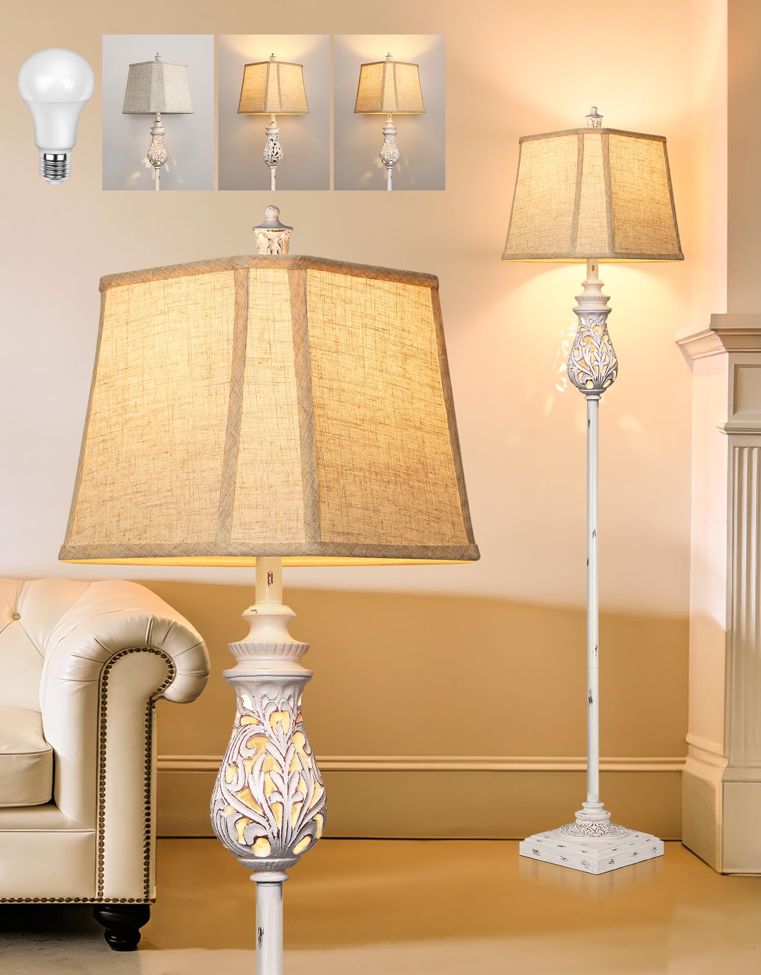 64" Farmhouse Floor Lamp, Vintage Standing Lamp with Nightlight & Linen Shade