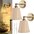 Rattan Battery Operated Wall Sconce Set of Two, Hand-Woven Wicker Lampshade, Rechargeable Wall Lights for Bedroom with Remote, Dimmable Bulb Plug-in or Hardwire Wall Sconces for Hallway Living Room