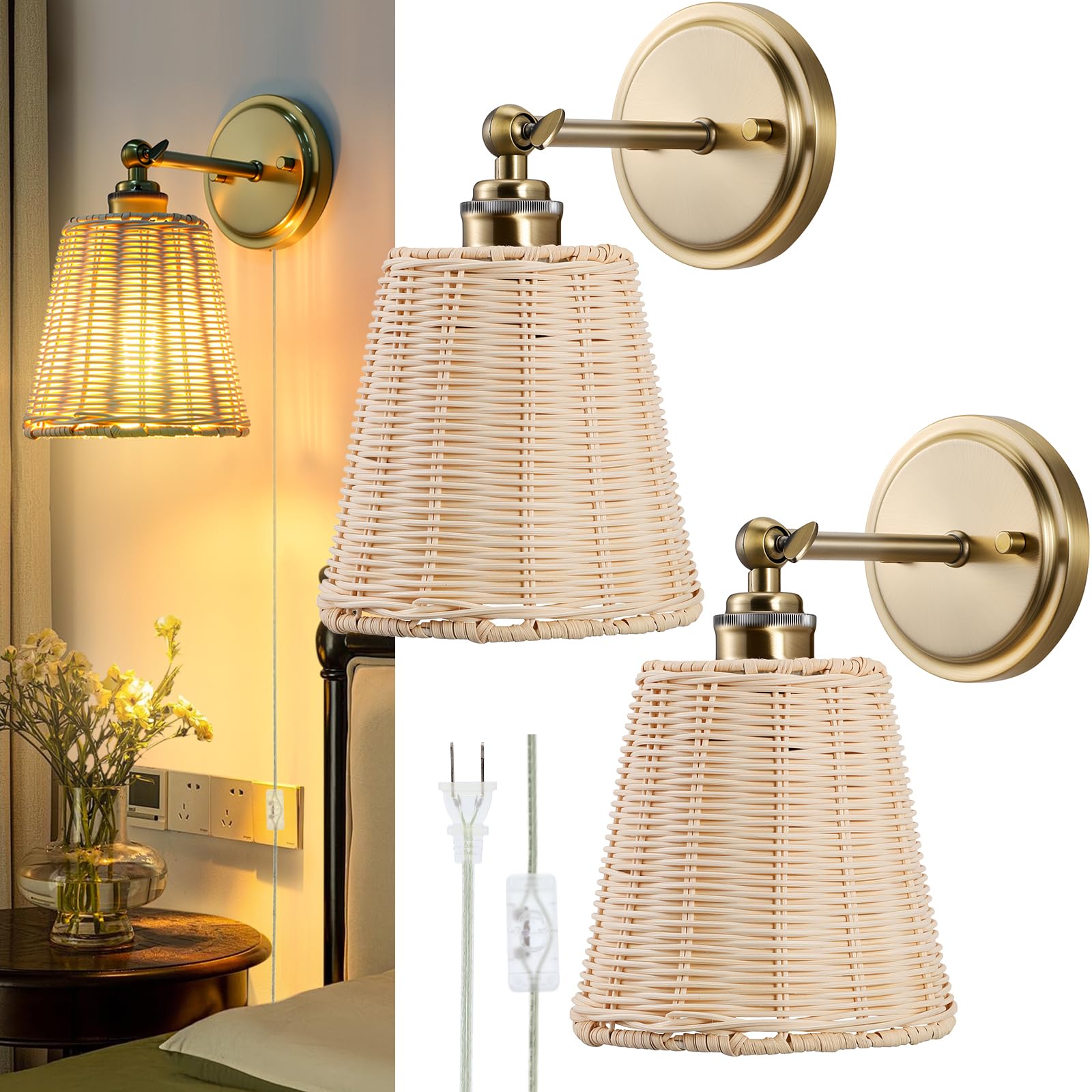 Rattan Battery Operated Wall Sconce Set of Two, Hand-Woven Wicker Lampshade, Rechargeable Wall Lights for Bedroom with Remote, Dimmable Bulb Plug-in or Hardwire Wall Sconces for Hallway Living Room