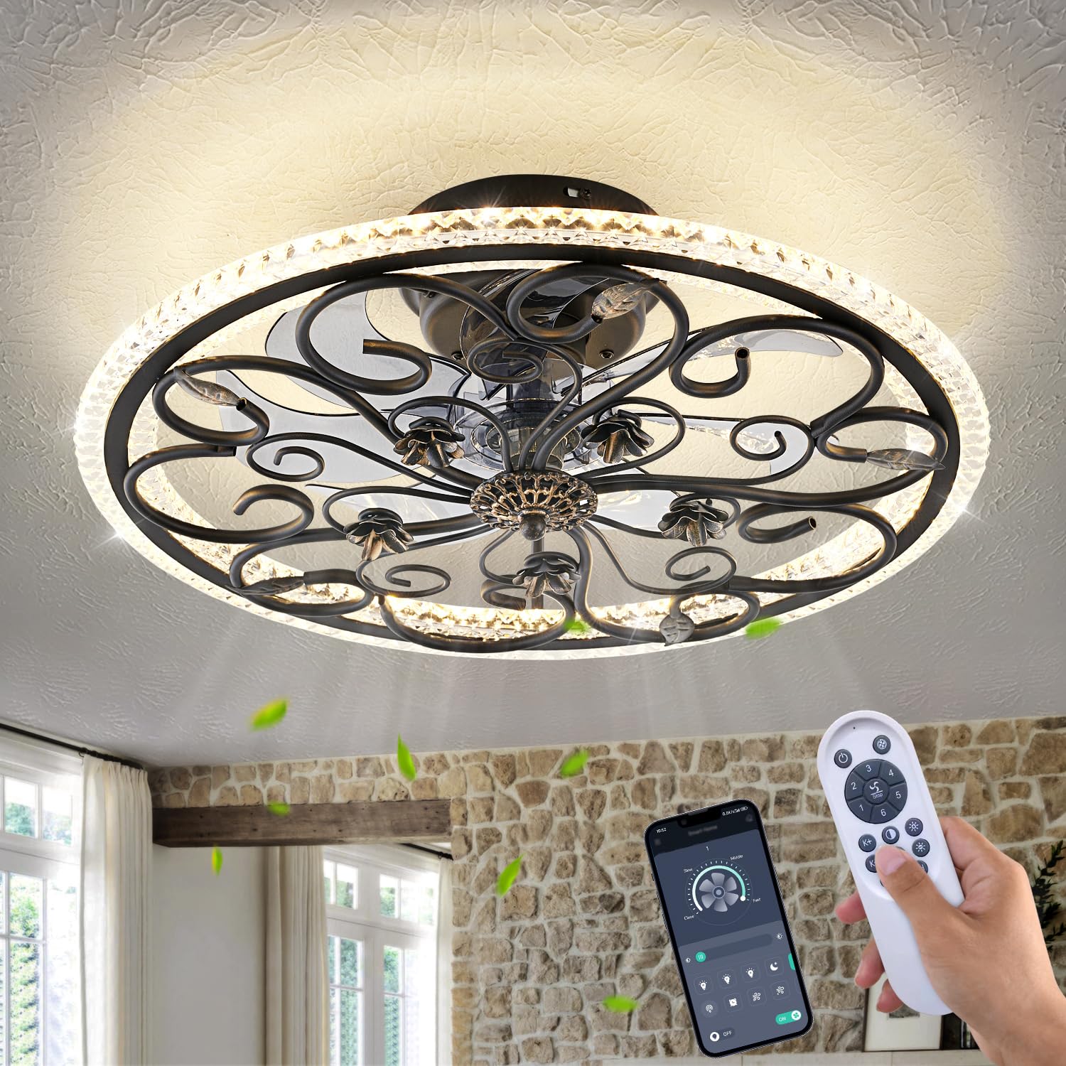 Caged Ceiling Fan with Lights Remote Control, 6 Speeds 3 Color Farmhouse Industrial Ceiling Fan with Light for Kitchen Bedroom Living Room