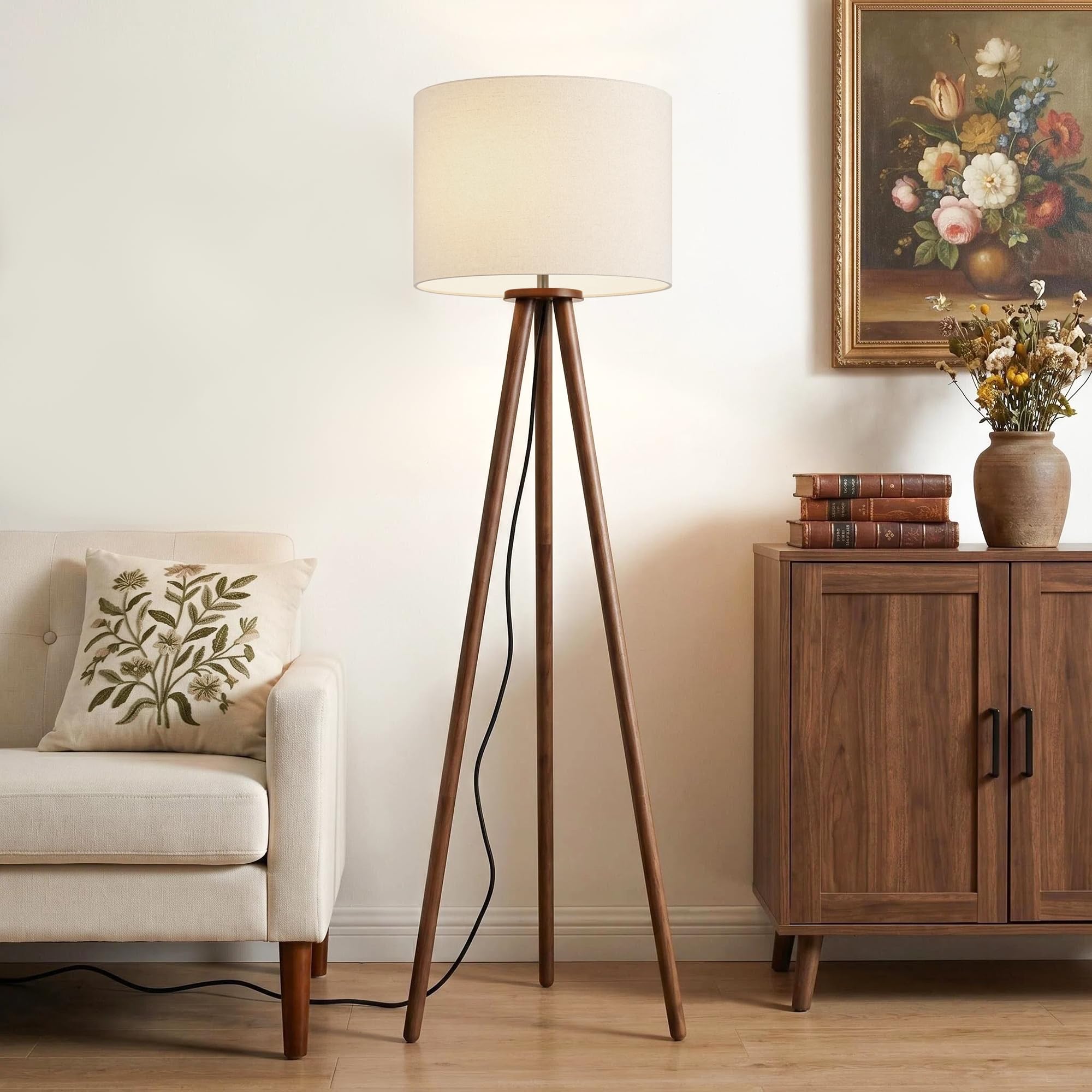 Buruis 60.6" Solid Wood Tripod Floor Lamp with 15.7" Large Linen Shade, Mid-Century Walnut Finish Standing Lamp for Living Room, Bedroom, Office, Corner, UL Listed, Bulb Not Included, Green
