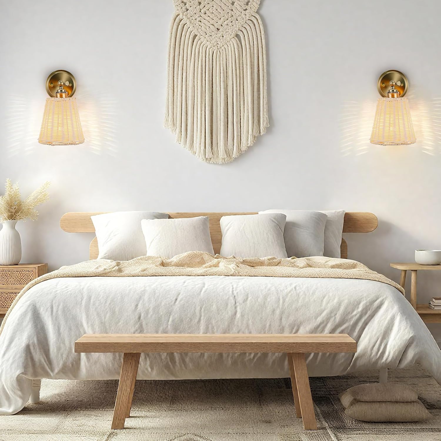 Plug in Wall Sconces, Handwoven Rattan Boho Wall Lamp with Adjustable 180° Lamp Head, E26 Ceramic Base, Perfect for Entryway, Hallway, Stairway, Bedroom, Living Room
