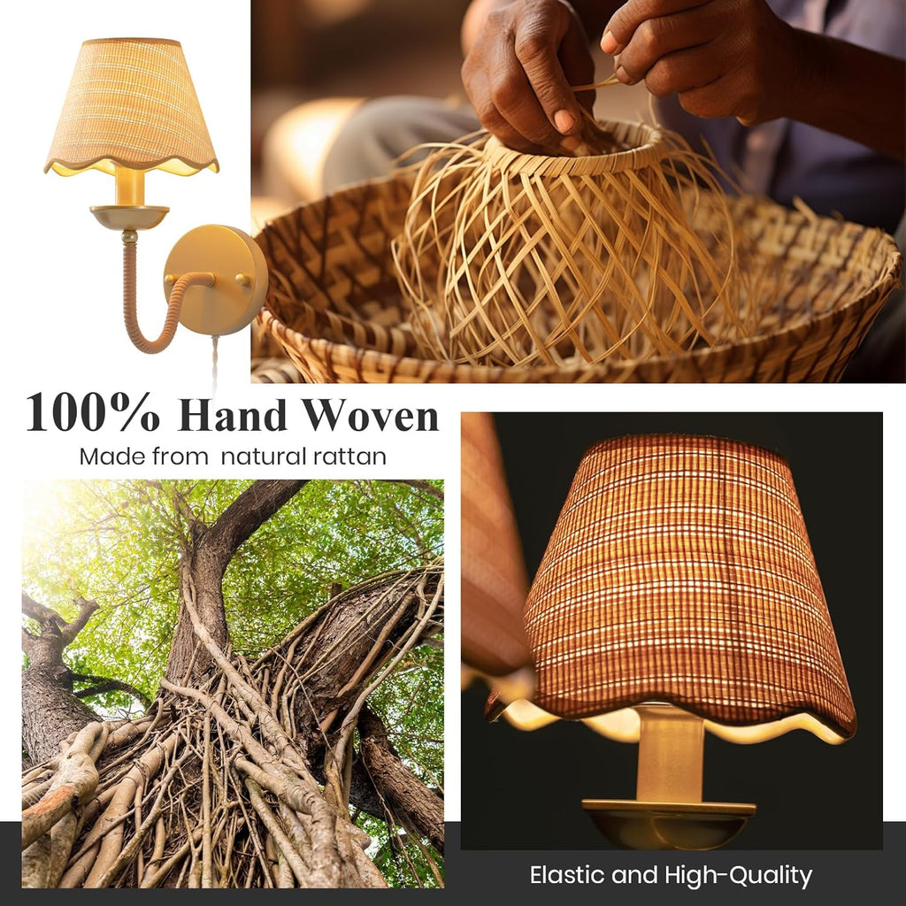 Rattan Wall Sconce,Boho Hand-Woven Gold Wall Light,Rustic Modern Rattan Sconce Lighting,Gold Plug in Wall Lights for Living Room,Bedroom,Hallway,Vanity,1-Light