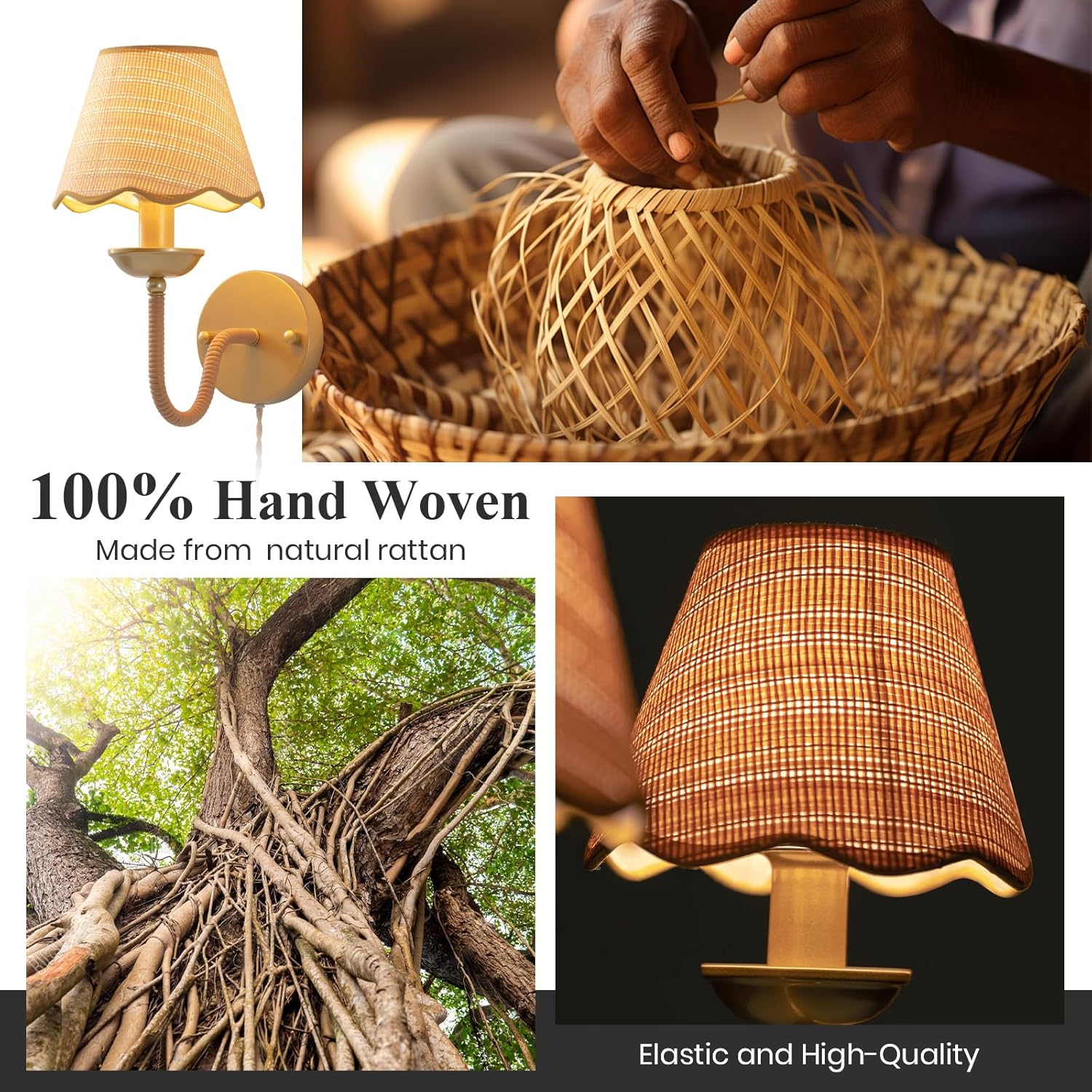 Rattan Wall Sconce,Boho Hand-Woven Gold Wall Light,Rustic Modern Rattan Sconce Lighting,Gold Plug in Wall Lights for Living Room,Bedroom,Hallway,Vanity,1-Light