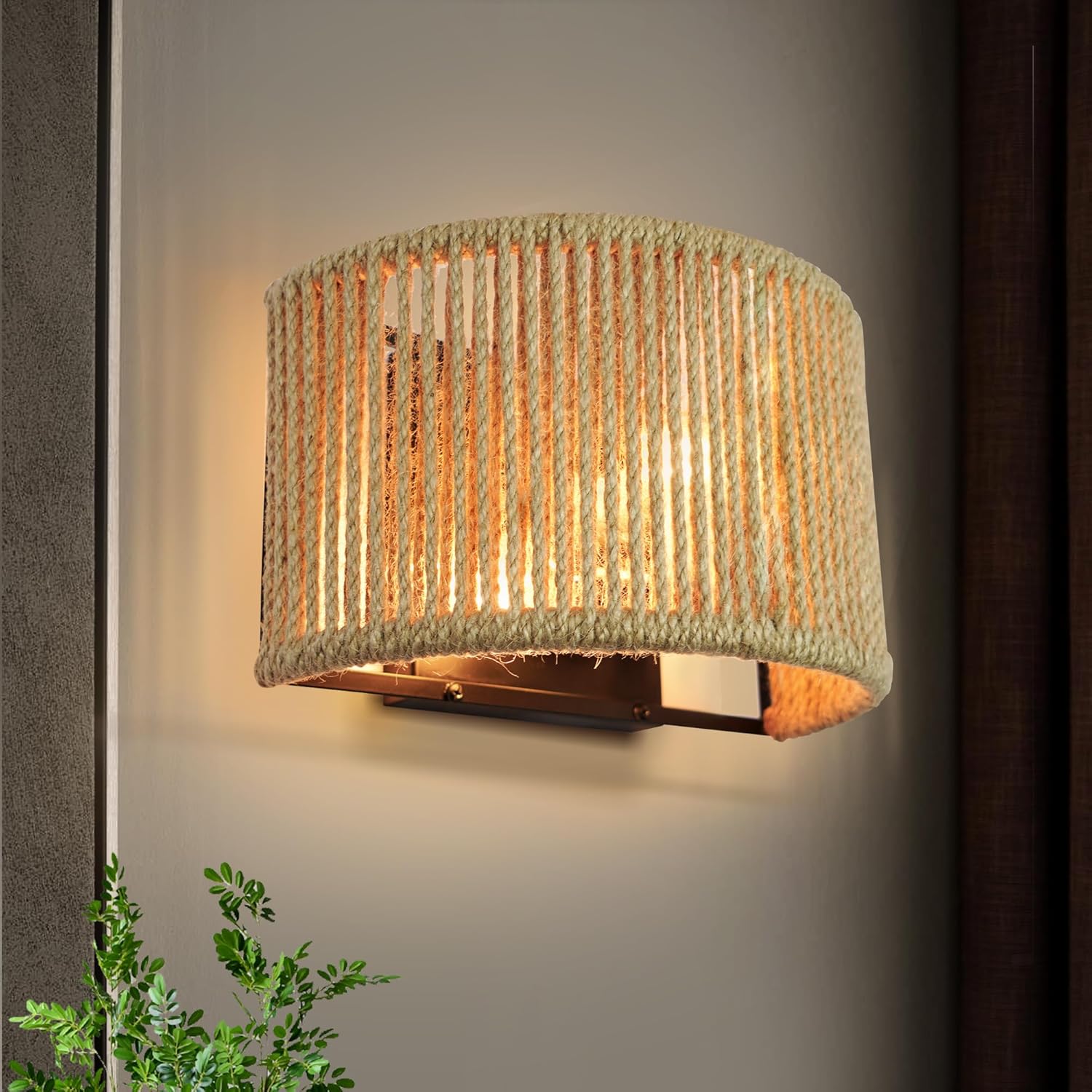 Rattan Wall Sconce Boho Wall Light Fixture Hand Woven Hemp Rope Sconce Lighting for Bedroom, Living Room, Aisle, Porch, Dia 9.7 Inch