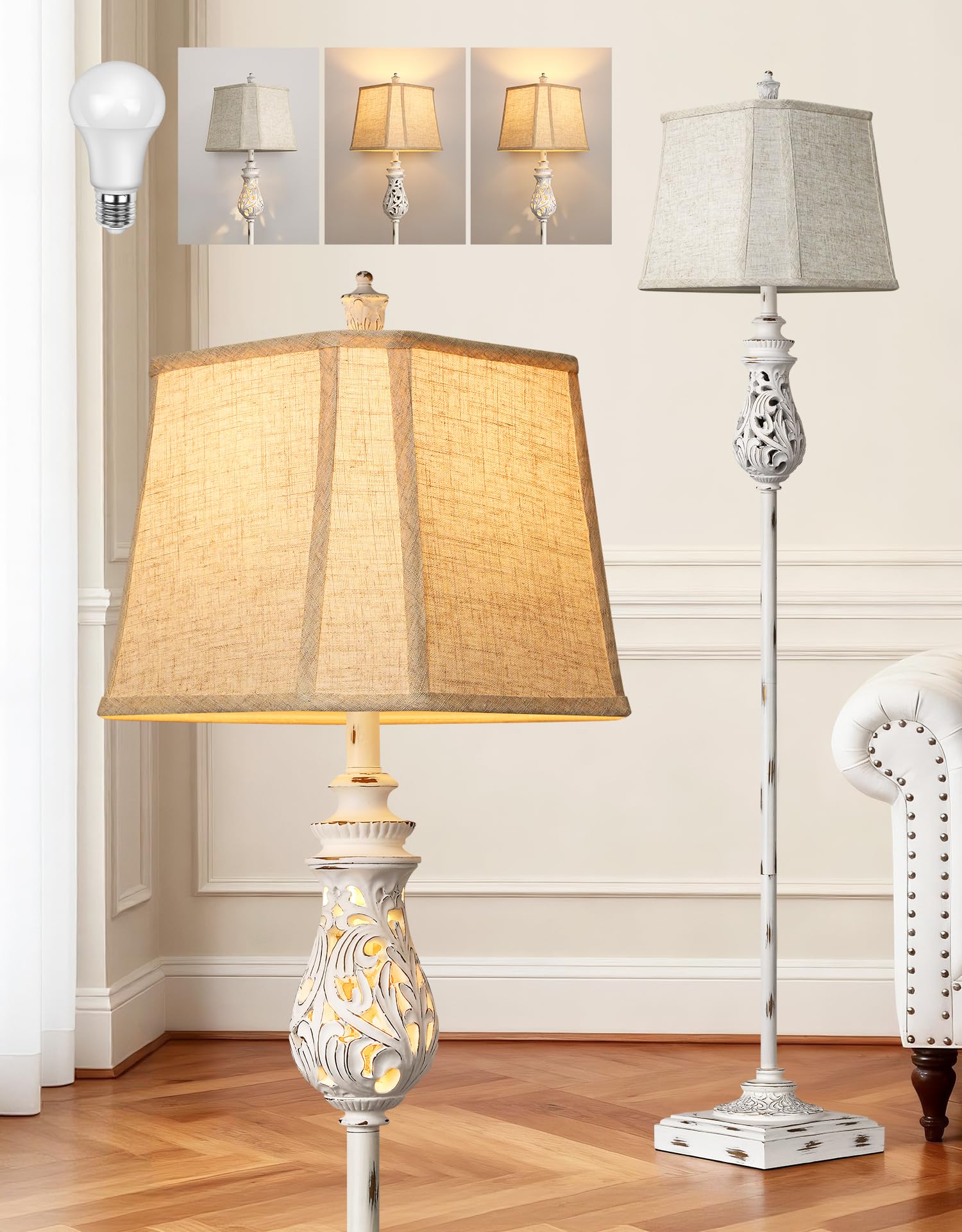 64" Farmhouse Floor Lamp, Vintage Standing Lamp with Nightlight & Linen Shade