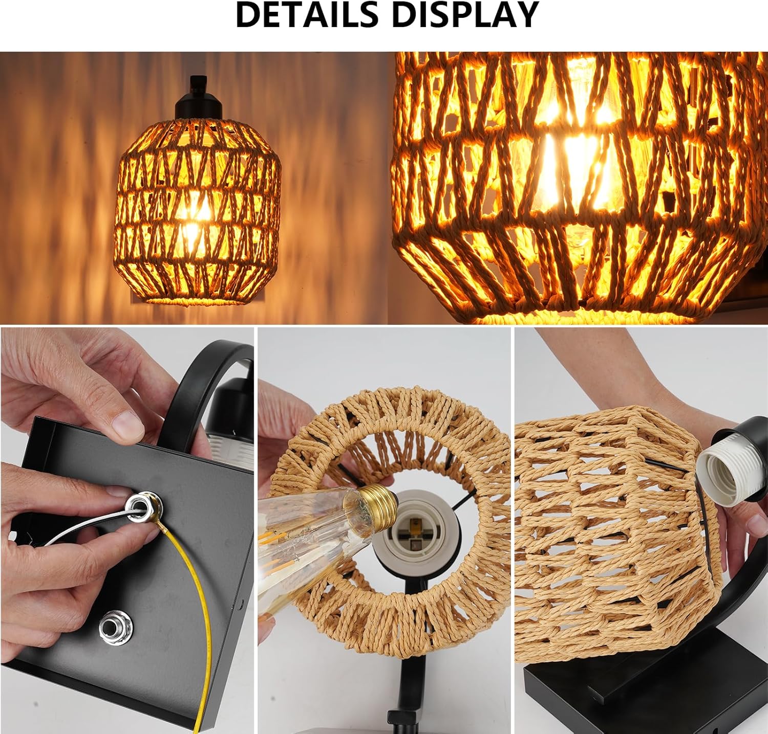 lobolighting Boho Rattan Wall Sconces Set of Two Hardwired Hand-Woven Farmhouse Wall Lamps Indoor Rustic Wall Mount Light Fixtures for Bedroom Living Room Nursery Hallway (Bulbs Not Included)