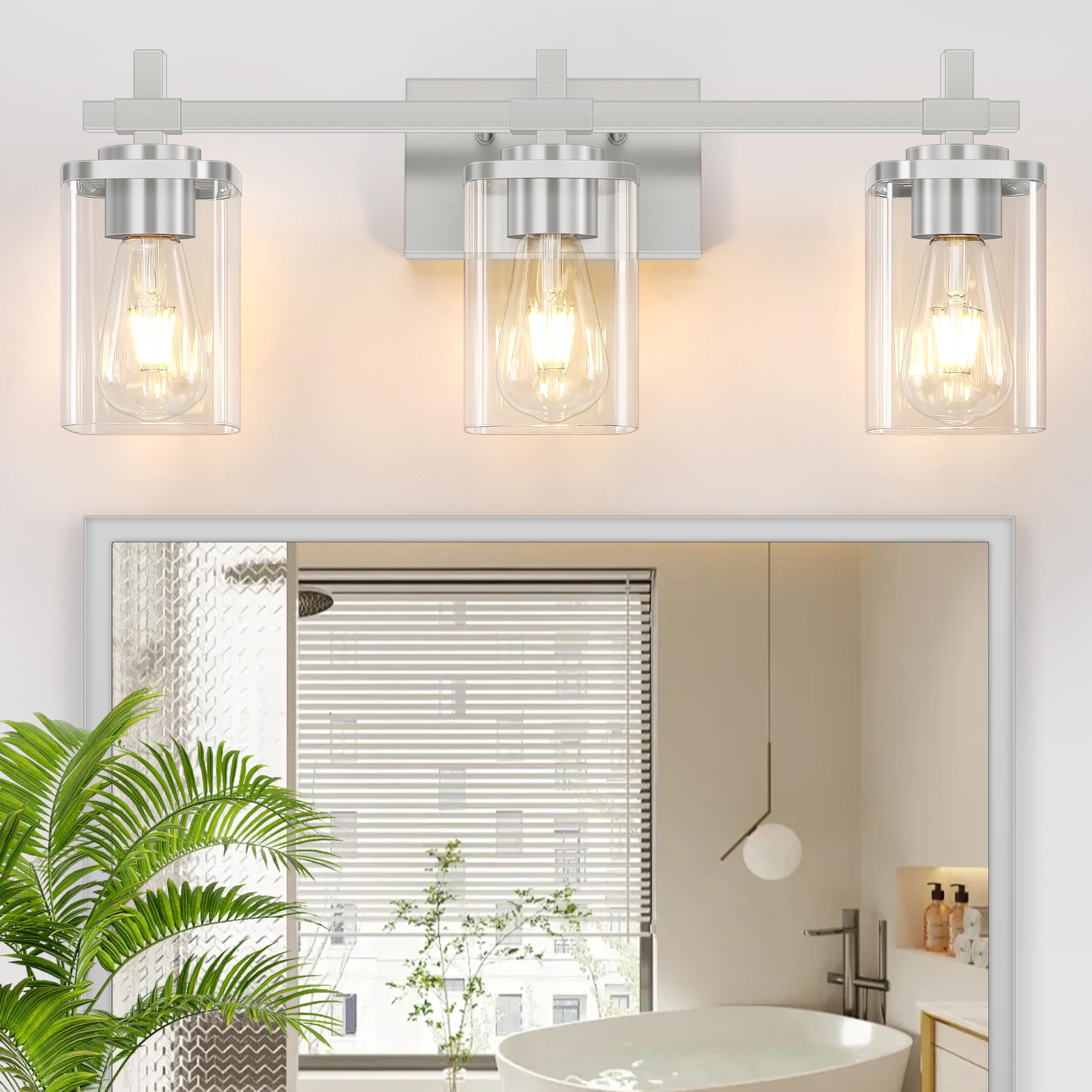 3-Lights Bathroom Vanity Light Fixtures, Modern Black Vanity Lights Over Mirror with Clear Glass Shade for Bathroom, Wall Mounted Lamp for Bedroom Hallway Living Room