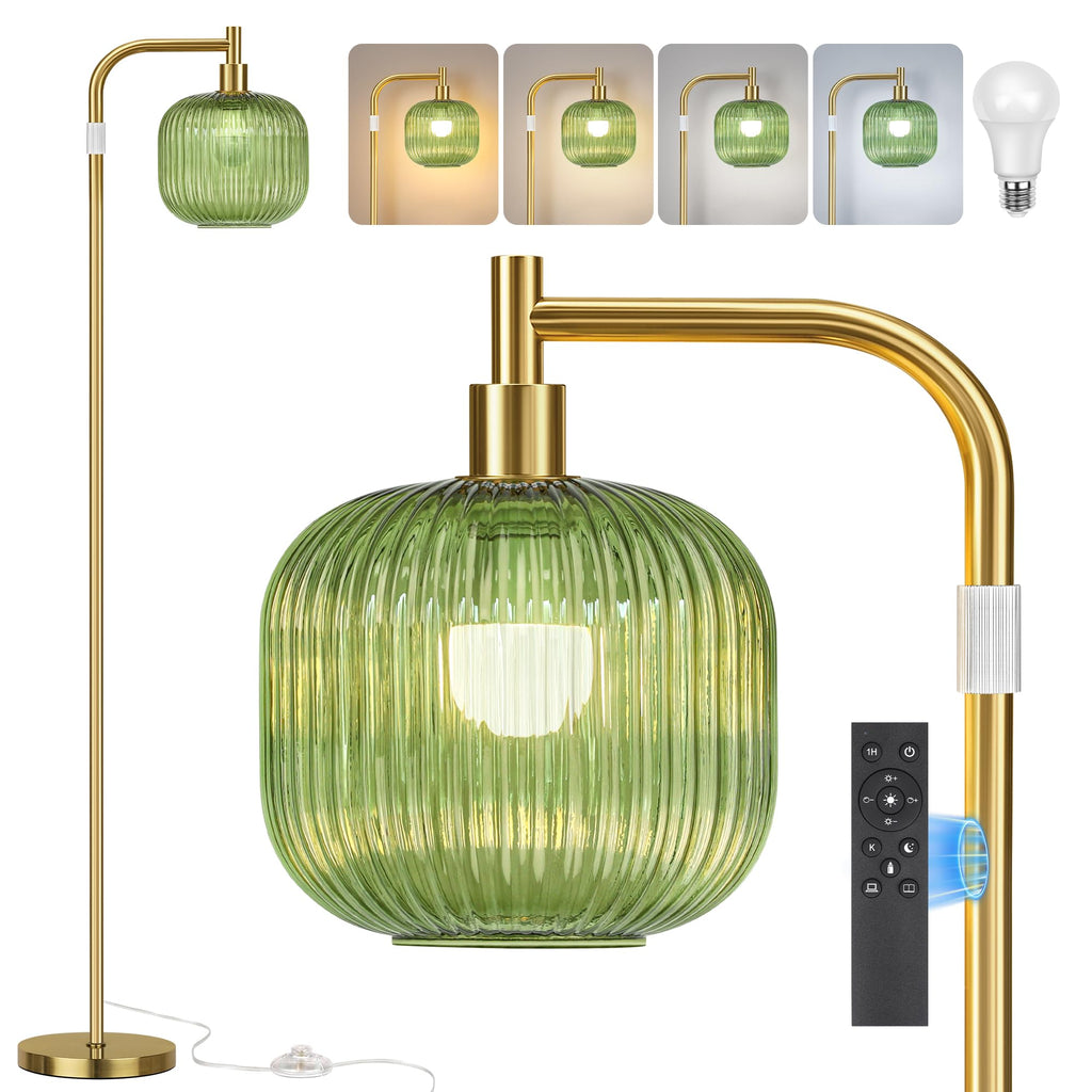QiMH Glass Floor Lamp for Living Room, 67” Modern Standing Lamp with Cream Ribbed Glass Lampshade Pedal Switch Tall Lamp for Bedroom, Brushed Gold (2700K LED Bulb Included)