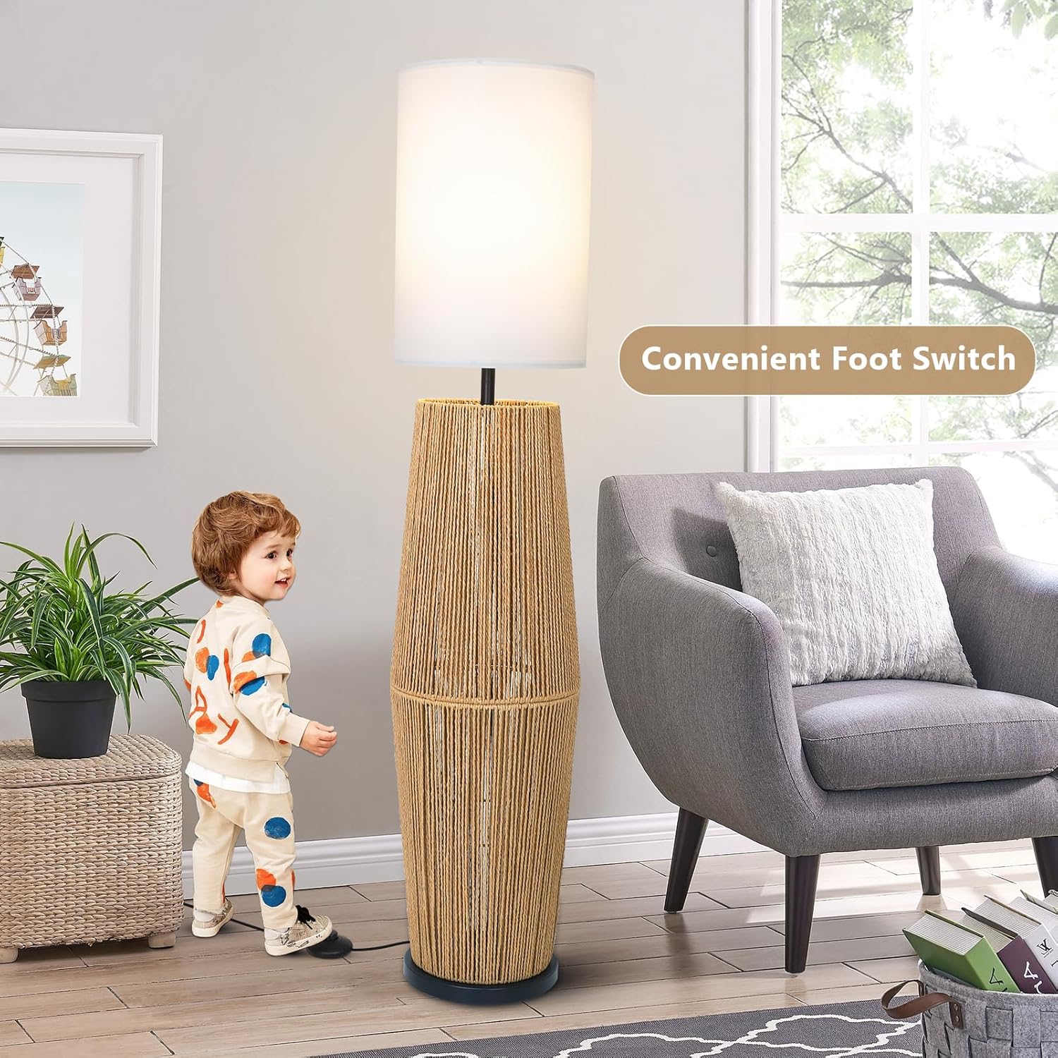 Vintage Floor Lamps for Living Room, Farmhouse Floor Lamp with Linen Shade, Boho Standing Lamp for Home Decor, Rustic Tall Lamp for Bedroom Office, Display Column Corner Lamp