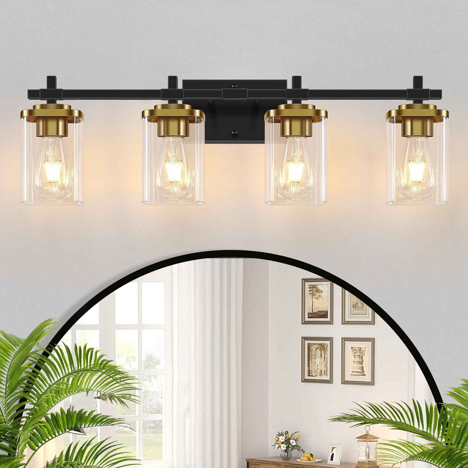 3-Lights Bathroom Vanity Light Fixtures, Modern Black Vanity Lights Over Mirror with Clear Glass Shade for Bathroom, Wall Mounted Lamp for Bedroom Hallway Living Room