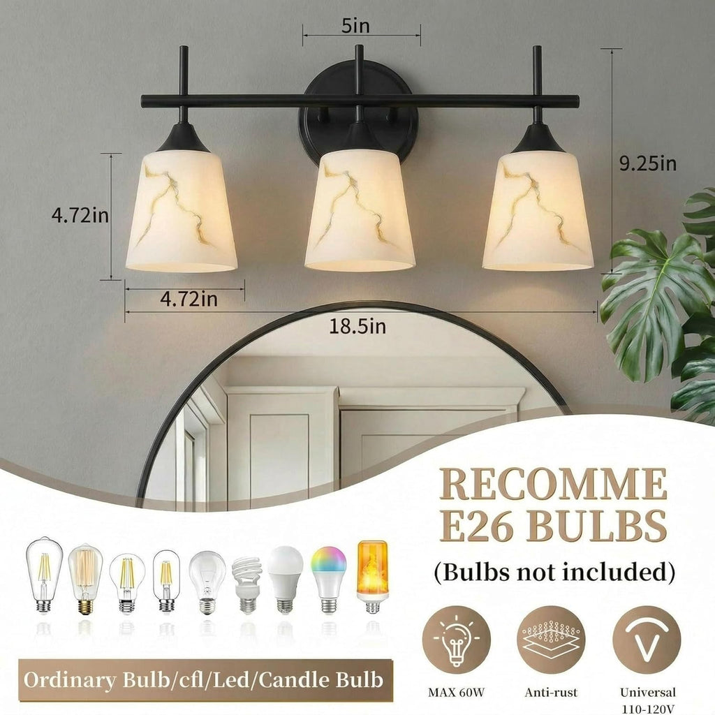 3-Light Black Mid Century Bathroom Light Fixture, Modern Vanity Light with White Marble Glass Shade, for Bathroom Mirror, Living Room, Bedroom, Hallway, E26 Base