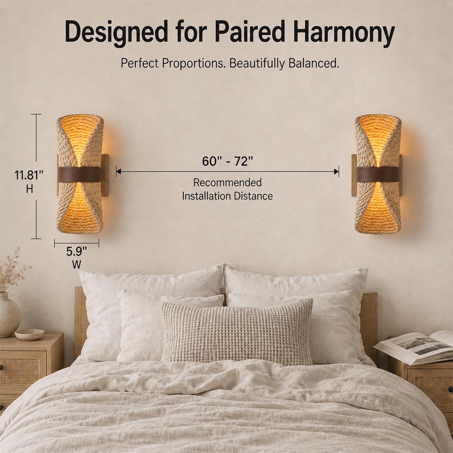 Boho Rattan Wall Sconces with Brown Leather Strap,Handmade Woven Wall Lamp with Wood Grain Base＆G9 Bulb, Rustic Hardwired Wall Lights for Living Room Bedside Hallway