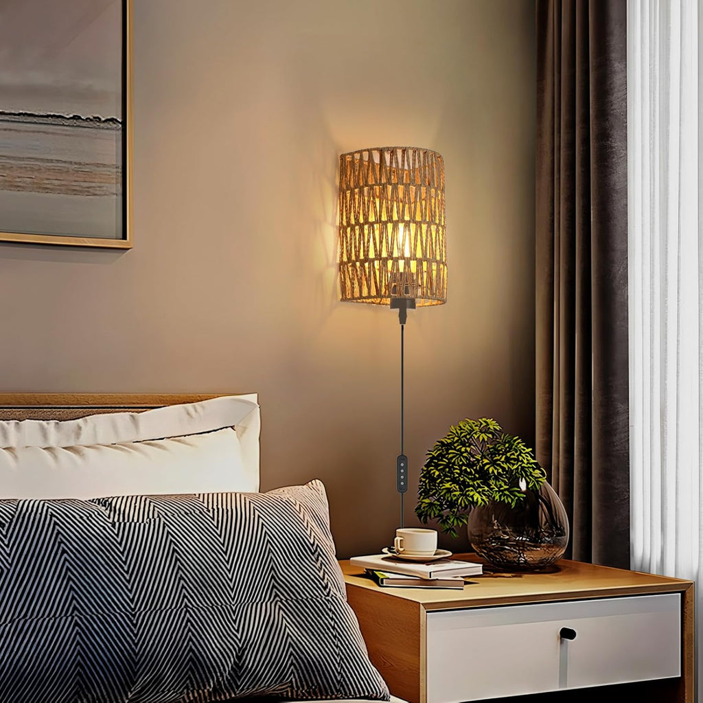 FINCMY Boho Wall Decor Plug in Wall Sconces, Dimmable Sconces Wall Decor Set of 2, Natural Hemp Rope Boho Decor, Plug in Wall Light with Remote, LED Bulbs Included
