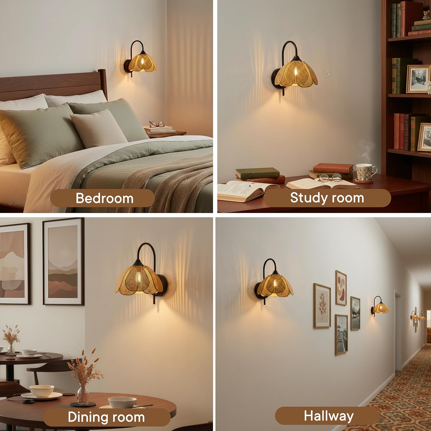 Boho Rattan Wall Sconce, 9.8in Flower Petal Hand-Woven Rattan Wall Lamp, Modern Farmhouse Hardwired Wall Light Fixture for Bedroom Bedside, Hallway, Living Room, Dining Room (E26 Base)