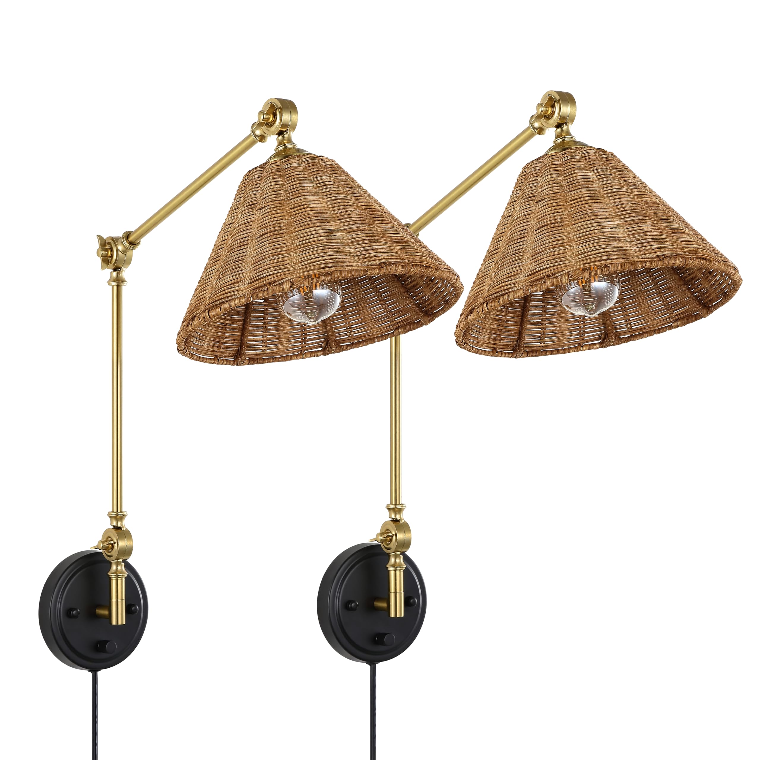 WINGBO Wall Sconce Rattan Wrapped Wall Lamp, Large Lampshade, Adjustable Swing Arm Wall Light Gold Vintage Bedside Light Fixture Wicker Handmade Shade Brass Reading Light Plug in or Hardwire (2 Pack)