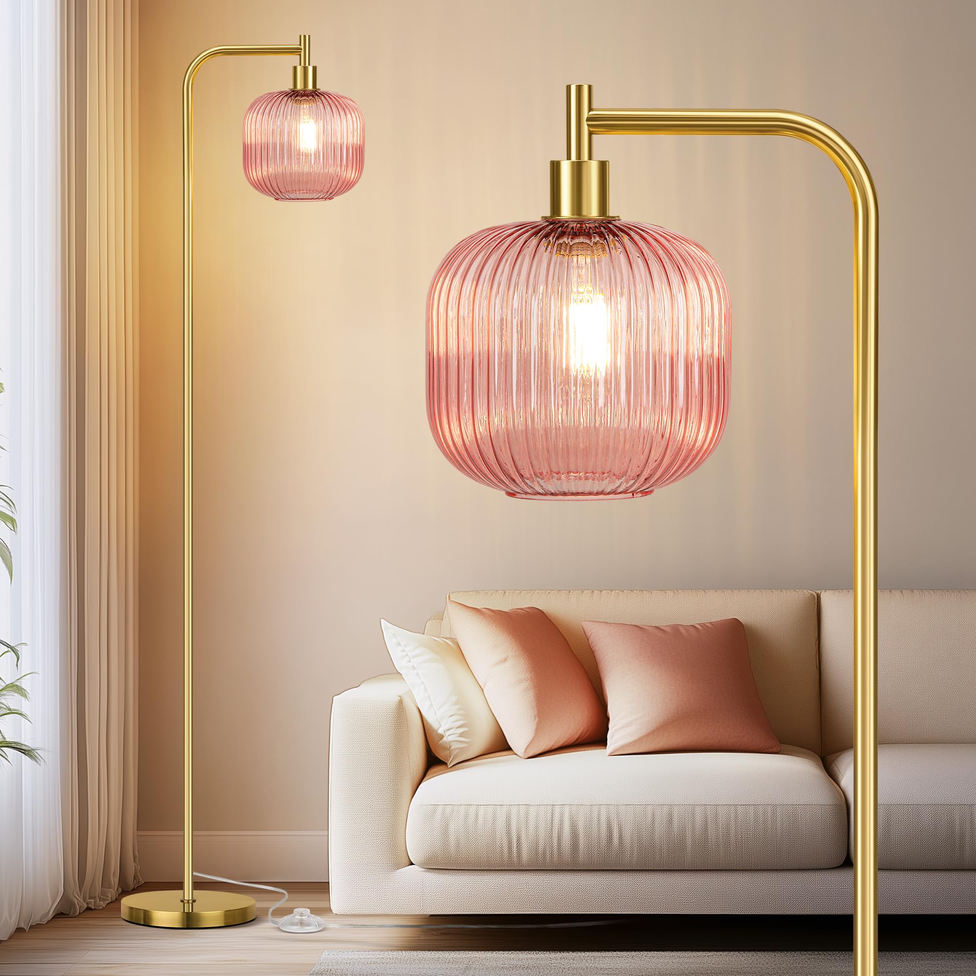 QiMH Glass Floor Lamp for Living Room, 67” Modern Standing Lamp with Cream Ribbed Glass Lampshade Pedal Switch Tall Lamp for Bedroom, Brushed Gold (2700K LED Bulb Included)