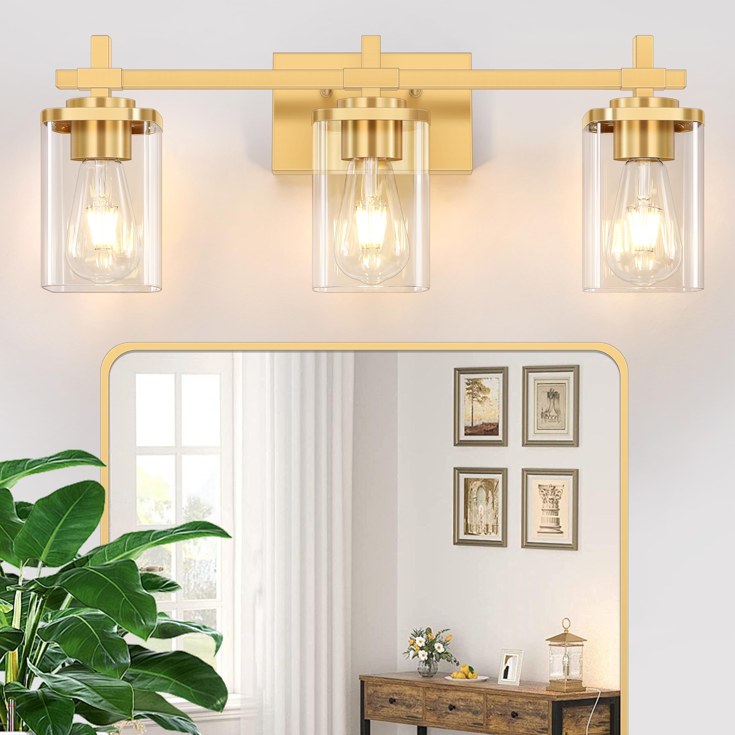 3-Lights Bathroom Vanity Light Fixtures, Modern Black Vanity Lights Over Mirror with Clear Glass Shade for Bathroom, Wall Mounted Lamp for Bedroom Hallway Living Room